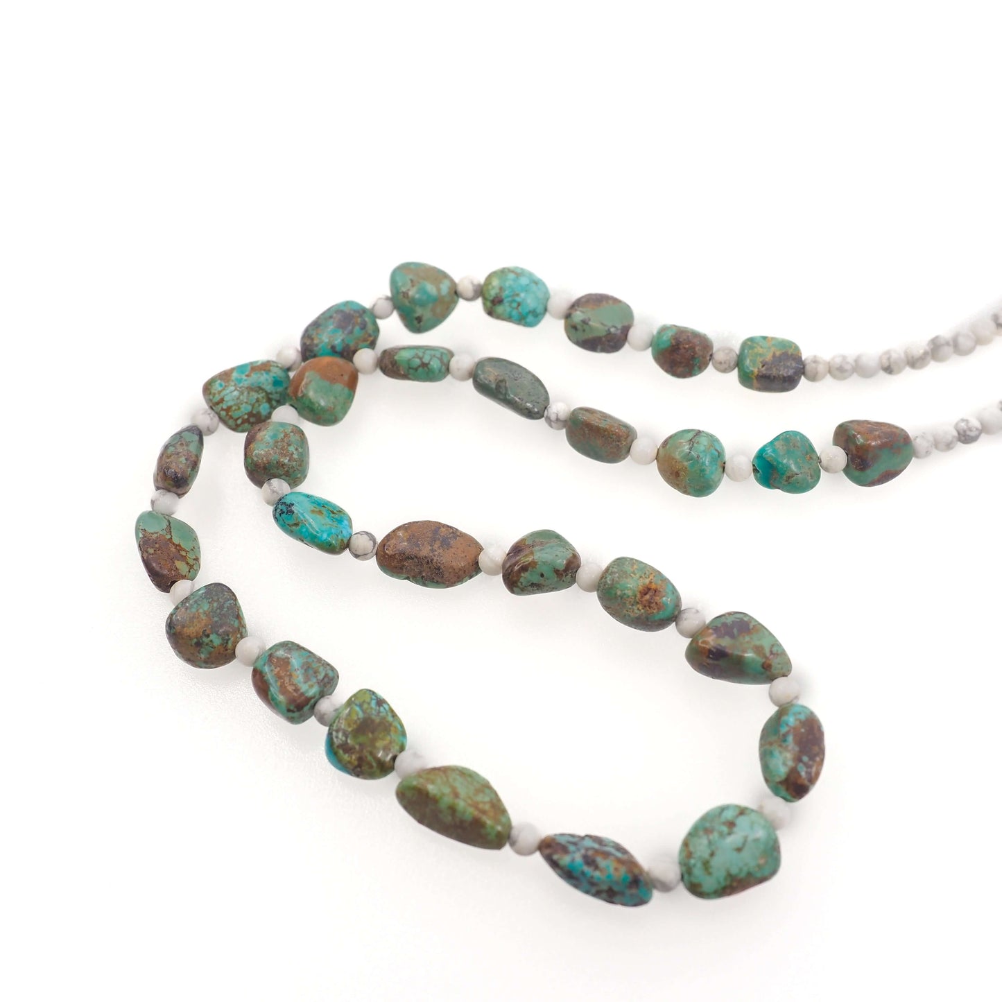 Vintage 1970s Blue and Green Turquoise Nugget, Howlite, and Sterling Silver Bead 23" Necklace