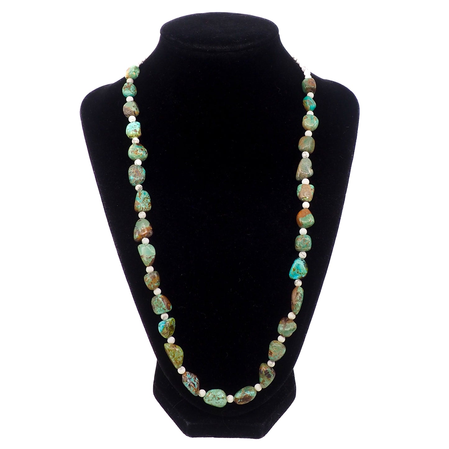Vintage 1970s Blue and Green Turquoise Nugget, Howlite, and Sterling Silver Bead 23" Necklace