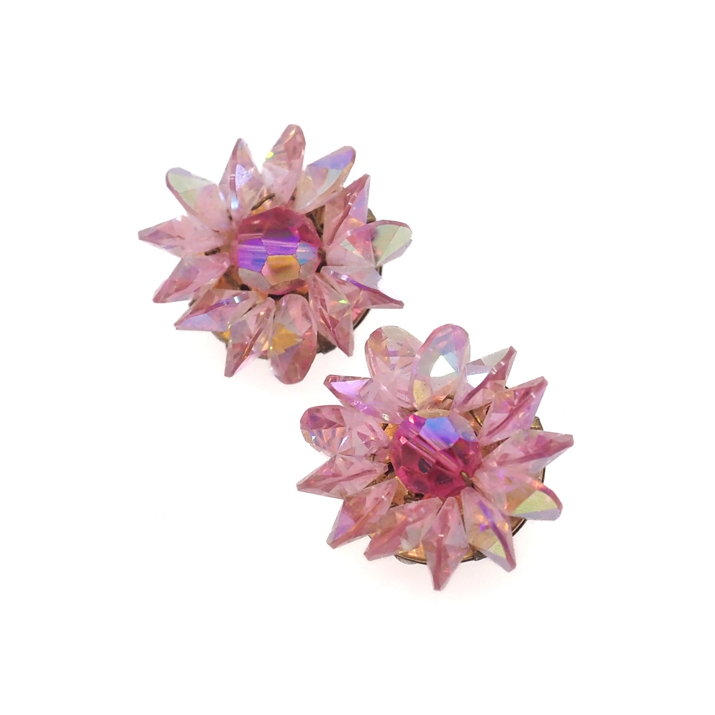 Vintage 1960s Pink Aurora Borealis Beaded Clip-On Earrings