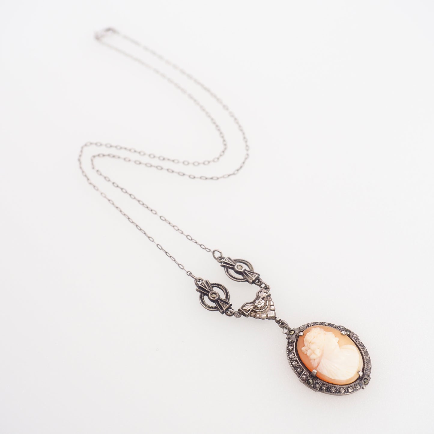 Antique 1920s Art Deco Cameo, Marcasite, Silver Princess Length 18" Necklace