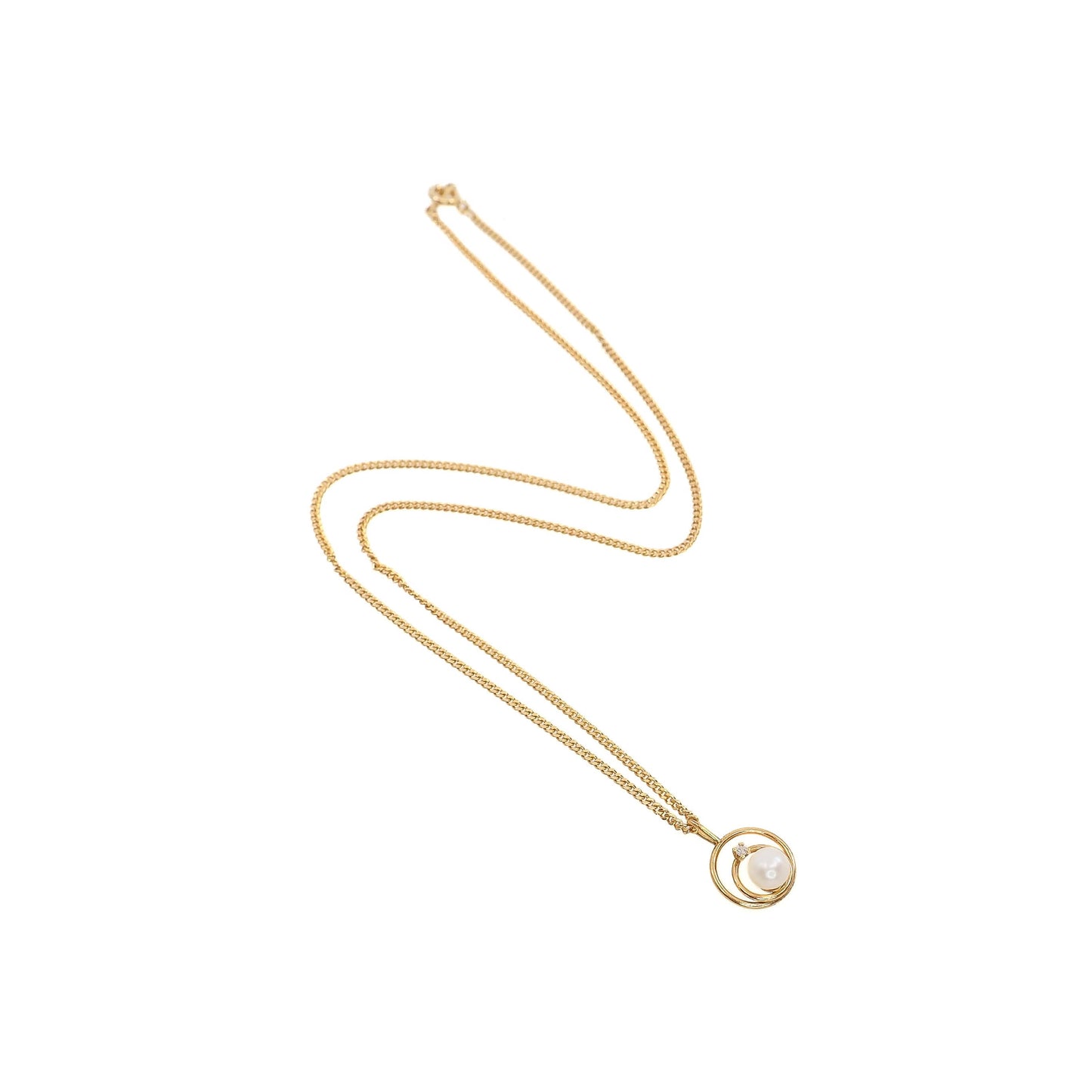 Vintage 1970s Japanese Cultured Akoya Pearl, Diamond, and Yellow Gold Filled 18" Necklace