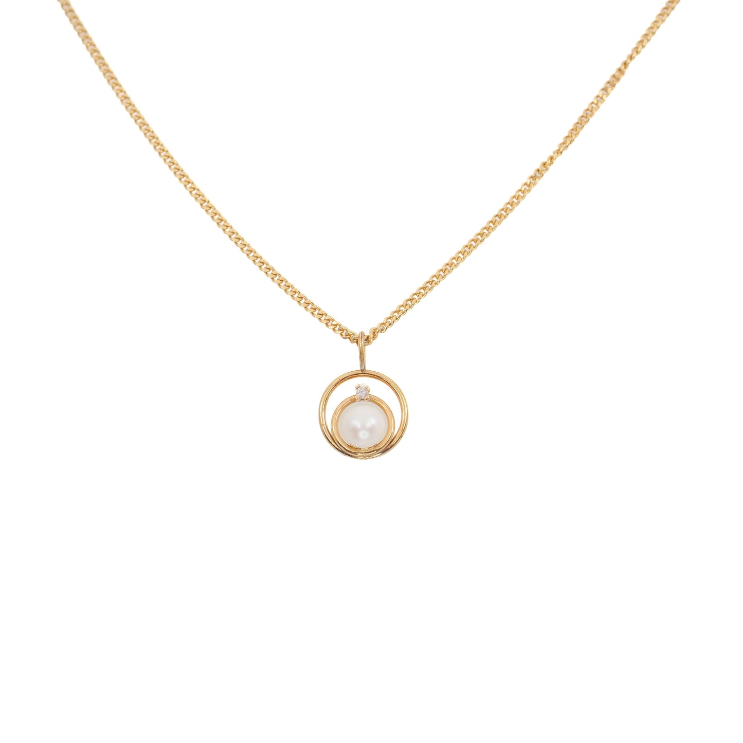 Vintage 1970s Japanese Cultured Akoya Pearl, Diamond, and Yellow Gold Filled 18" Necklace