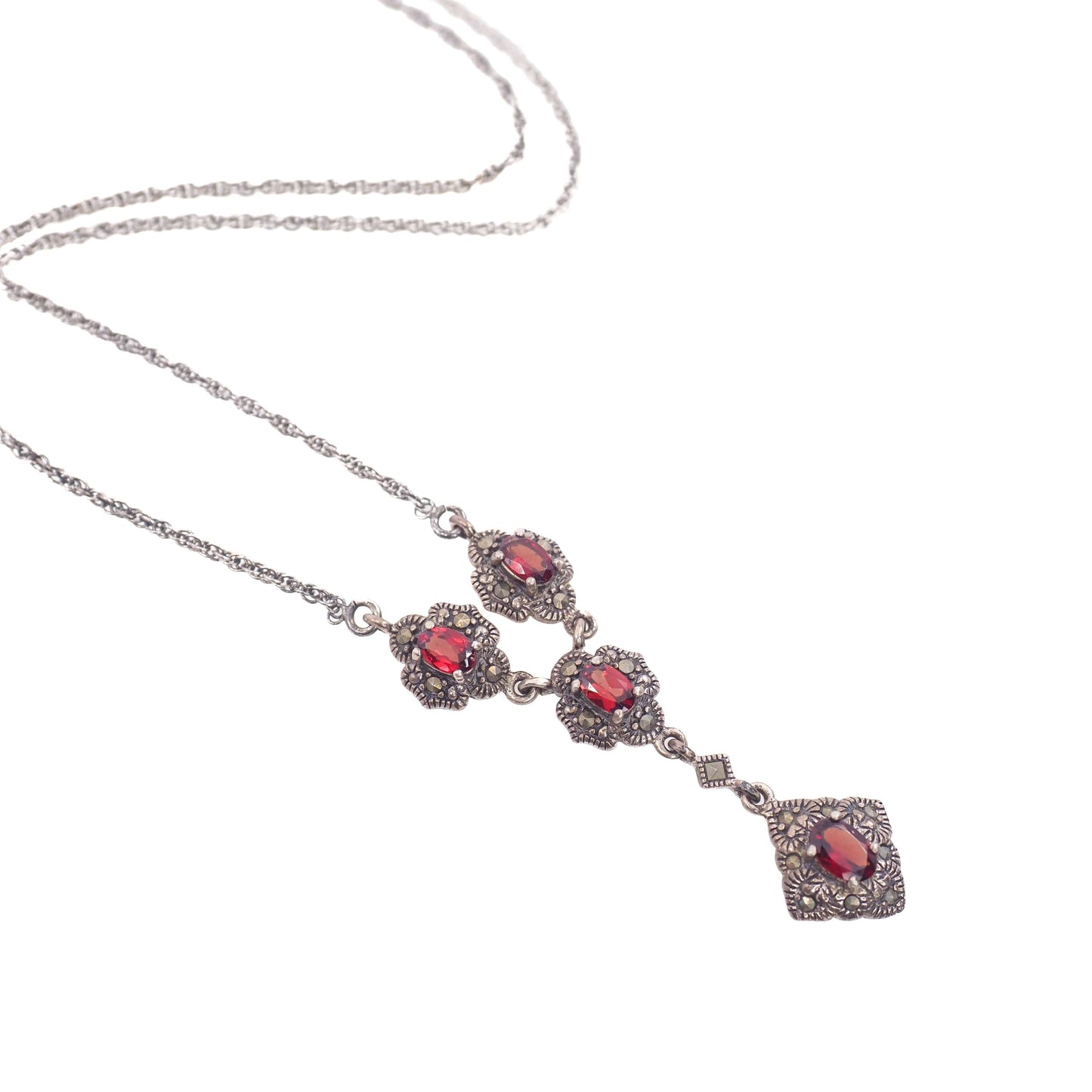 Vintage 1990s Oval-Cut Garnet, Marcasite, and Sterling Silver Choker 16" Necklace