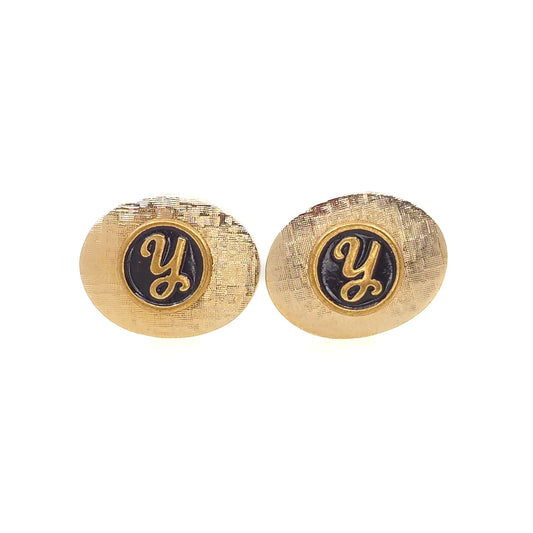 Vintage 1950s Letter Y Black and Gold Circle Unisex Cufflinks