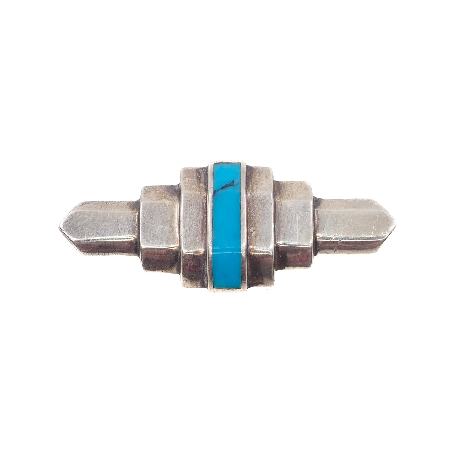 Vintage 1980s Blue Turquoise Inlaid Stone and Sterling Silver Geometric Brooch