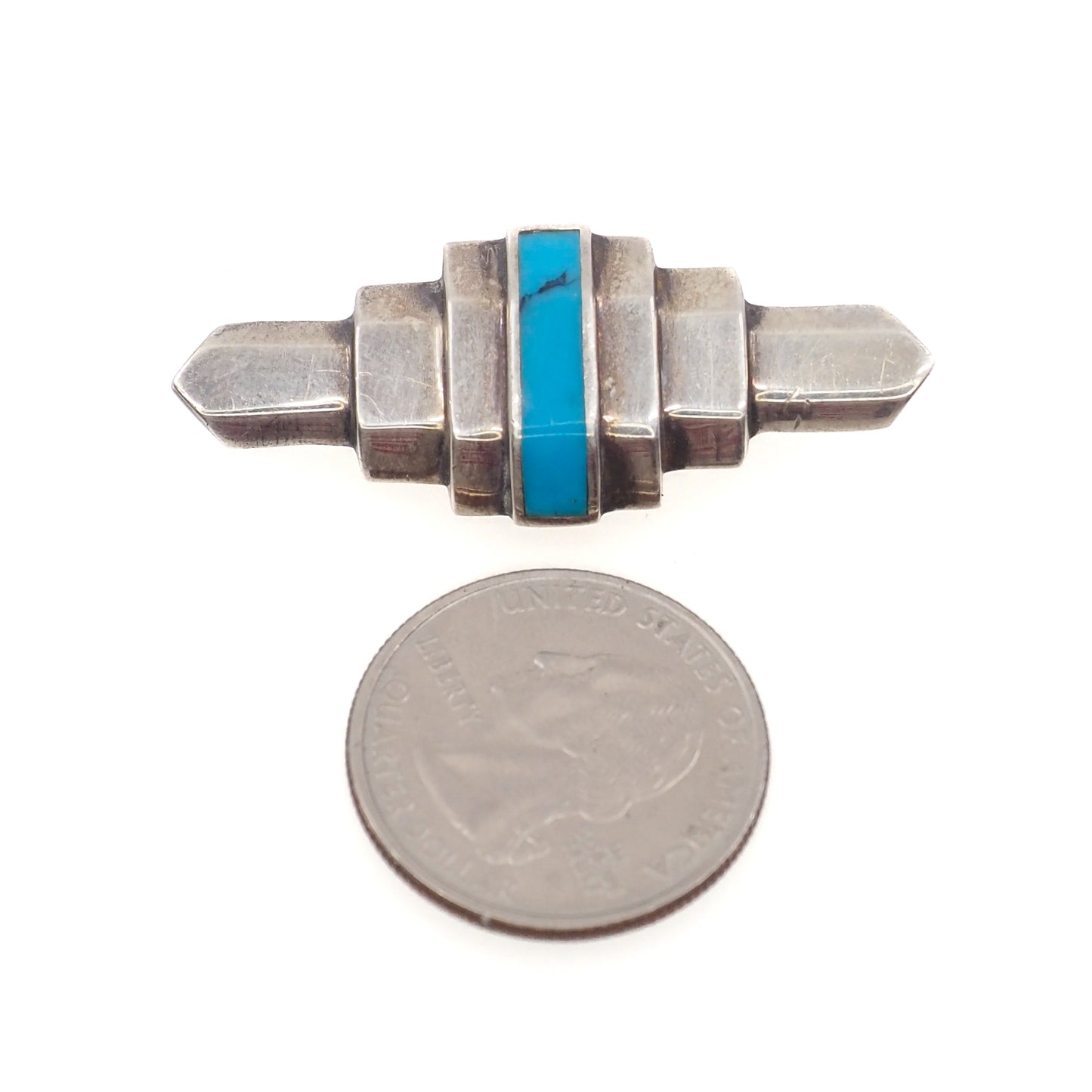 Vintage 1980s Blue Turquoise Inlaid Stone and Sterling Silver Geometric Brooch