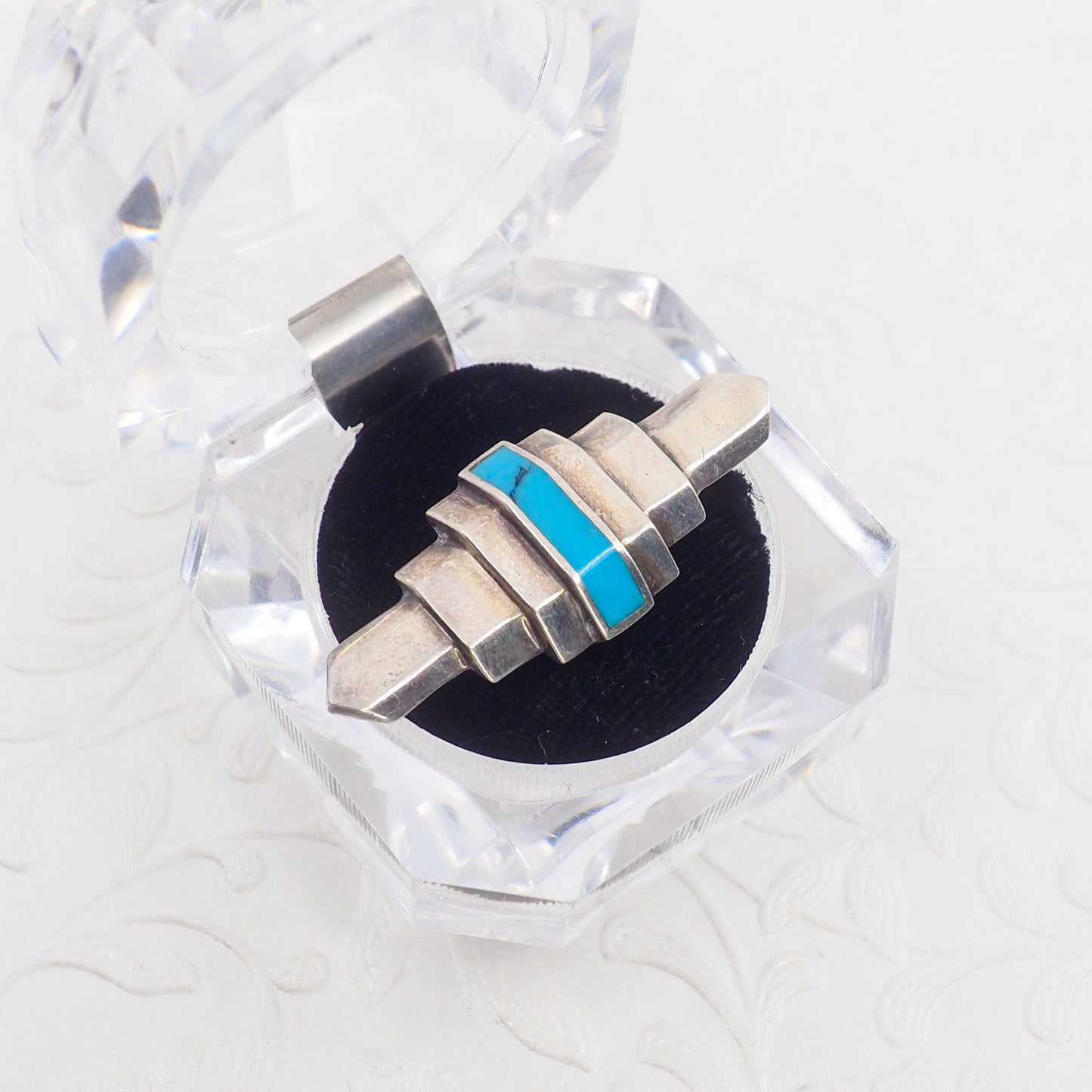 Vintage 1980s Blue Turquoise Inlaid Stone and Sterling Silver Geometric Brooch