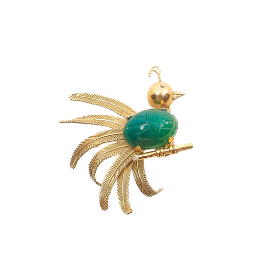 Vintage 1950s KREMENTZ Green Chrysoprase and Yellow Gold Bird Scarab Brooch