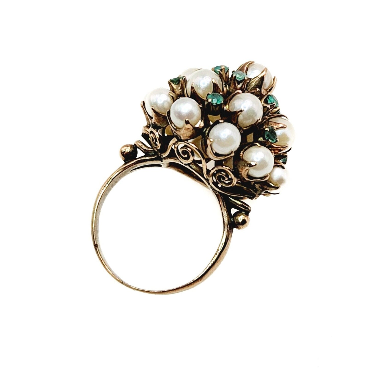 Vintage 1950s Emerald, Cultured Akoya Pearl, and 10K Yellow Gold Cocktail Ring