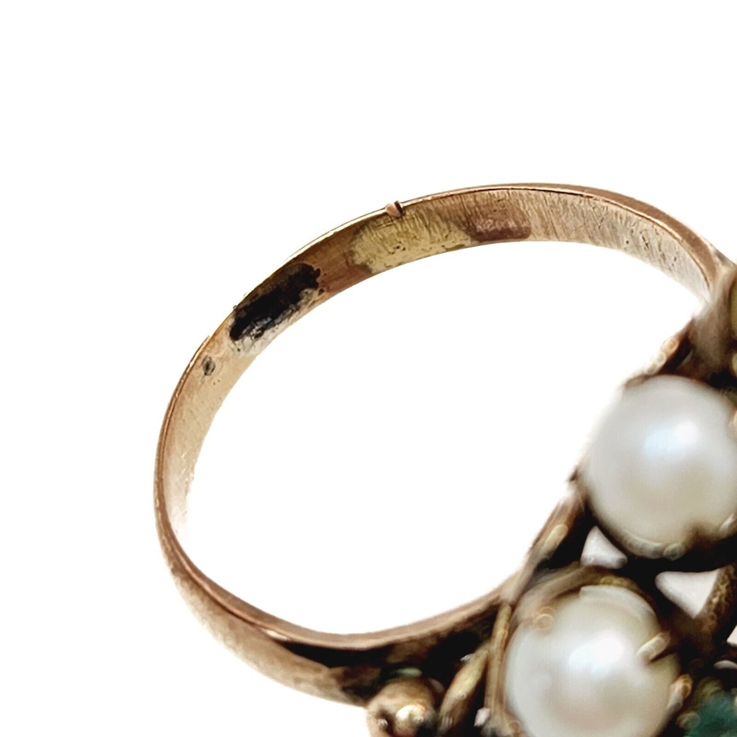 Vintage 1950s Emerald, Cultured Akoya Pearl, and 10K Yellow Gold Cocktail Ring