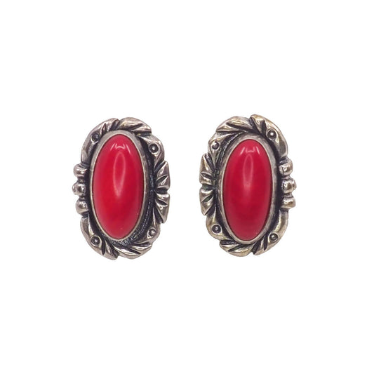 Vintage 1990s Sterling Silver and Red Coral Stud Southwest Pierced Earrings