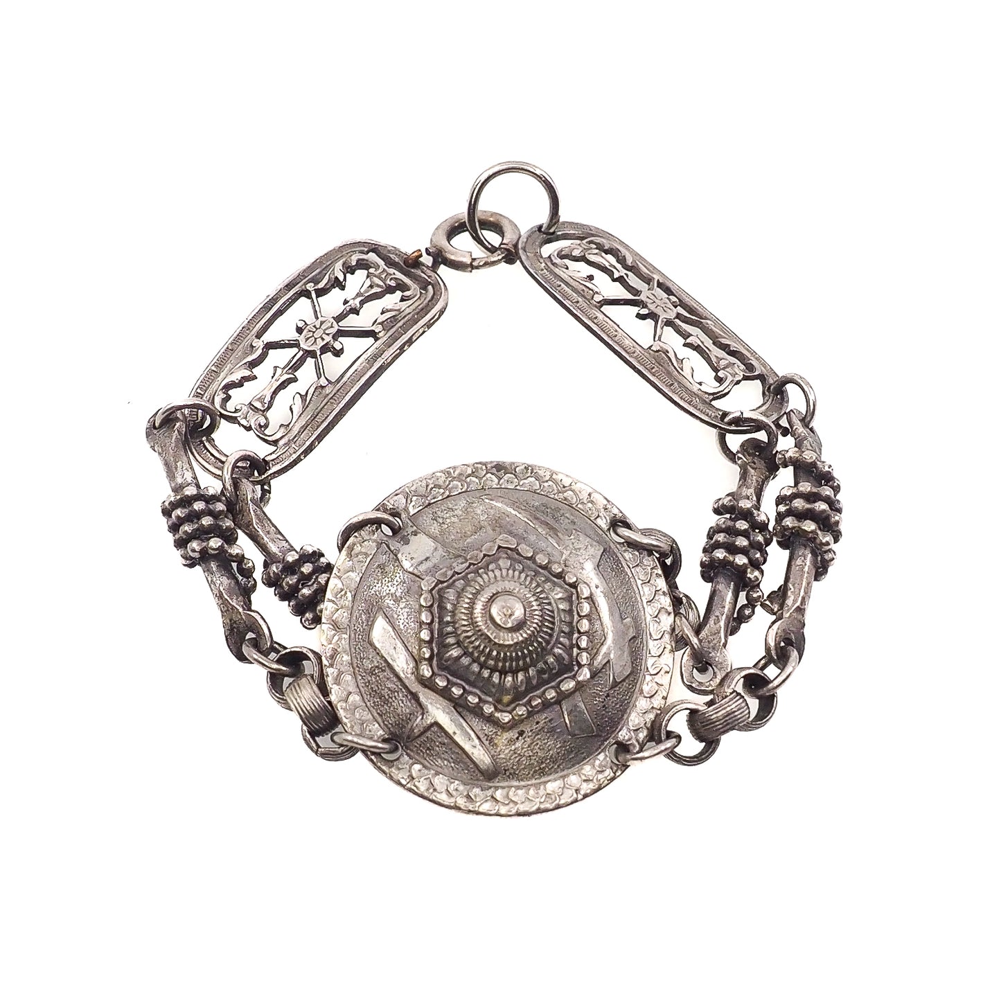Antique 1890s Late Victorian Etruscan Revival Medallion Silver 6.5" Bracelet