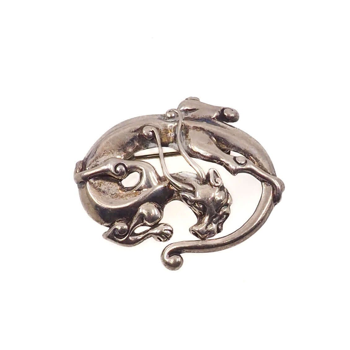 Sleeping Dragon Animal Figural Sterling Silver Brooch