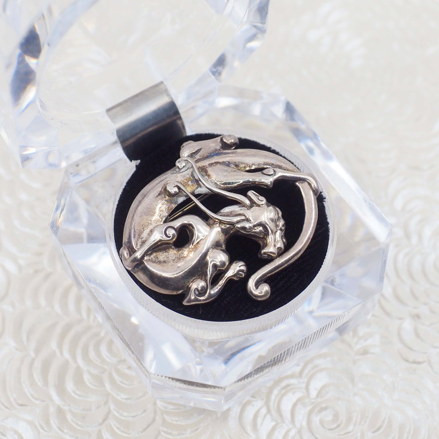 Sleeping Dragon Animal Figural Sterling Silver Brooch in a black box