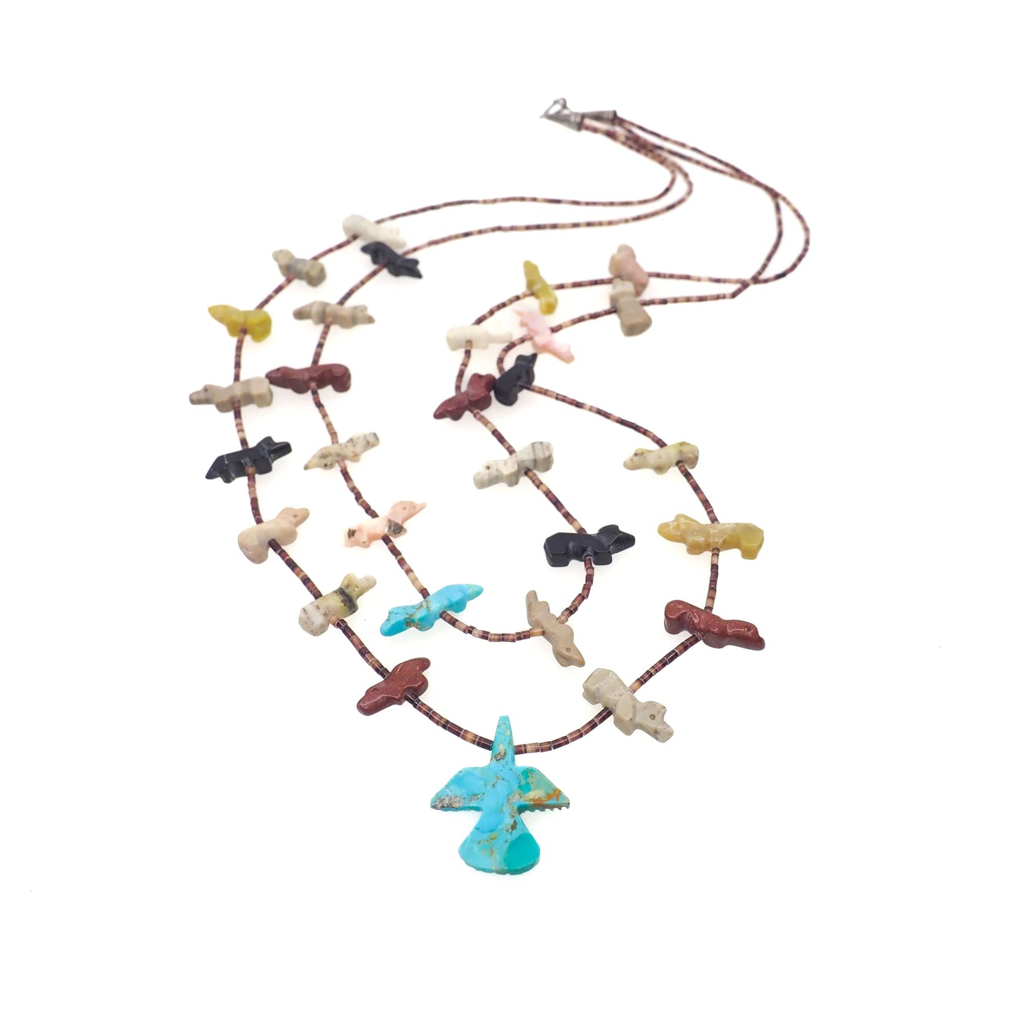 Vintage 1970s Zuni Native American Sterling Silver Multiple Gemstone Bird, Fox, Bear Fetish Double Strand 27" Necklace