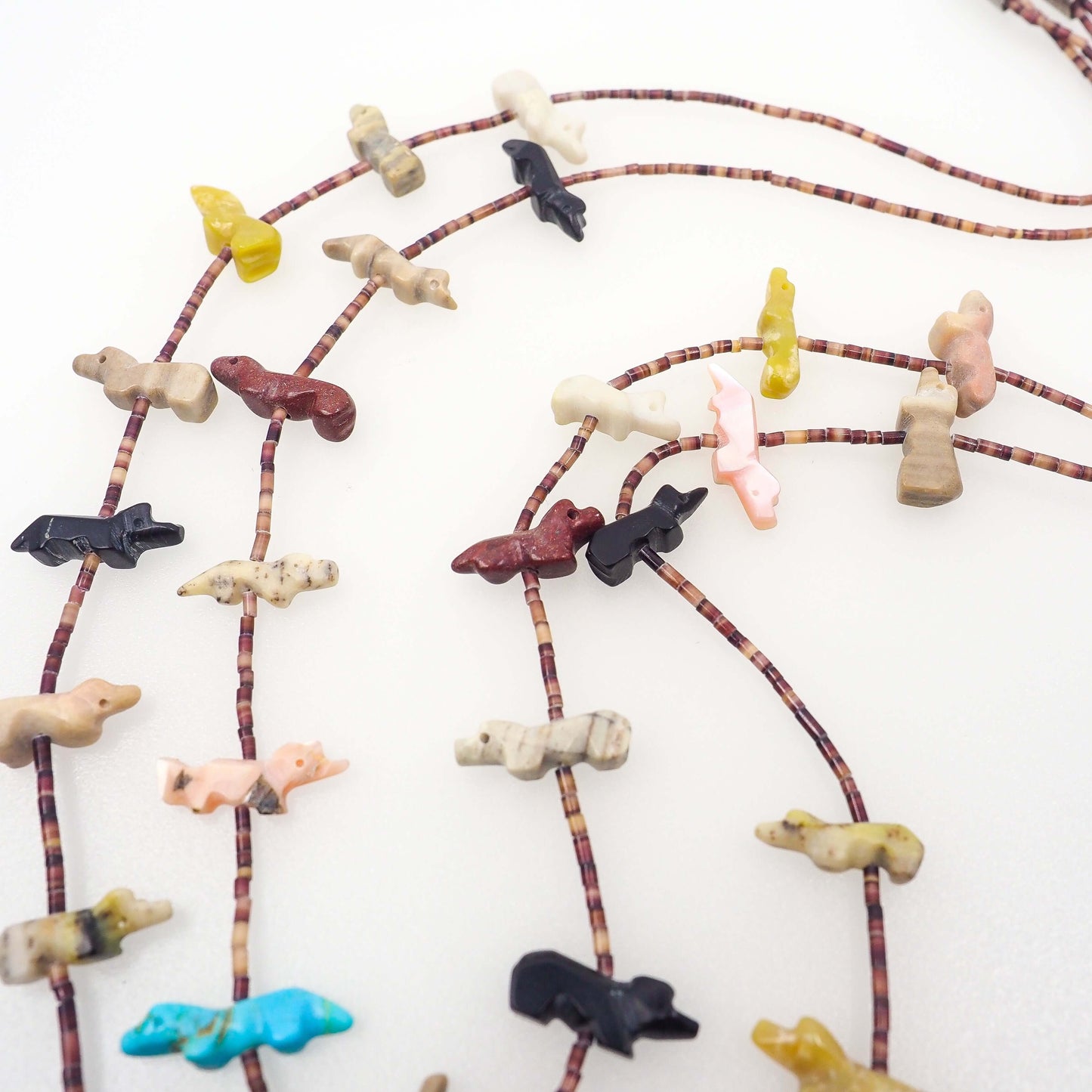 Vintage 1970s Zuni Native American Sterling Silver Multiple Gemstone Bird, Fox, Bear Fetish Double Strand 27" Necklace