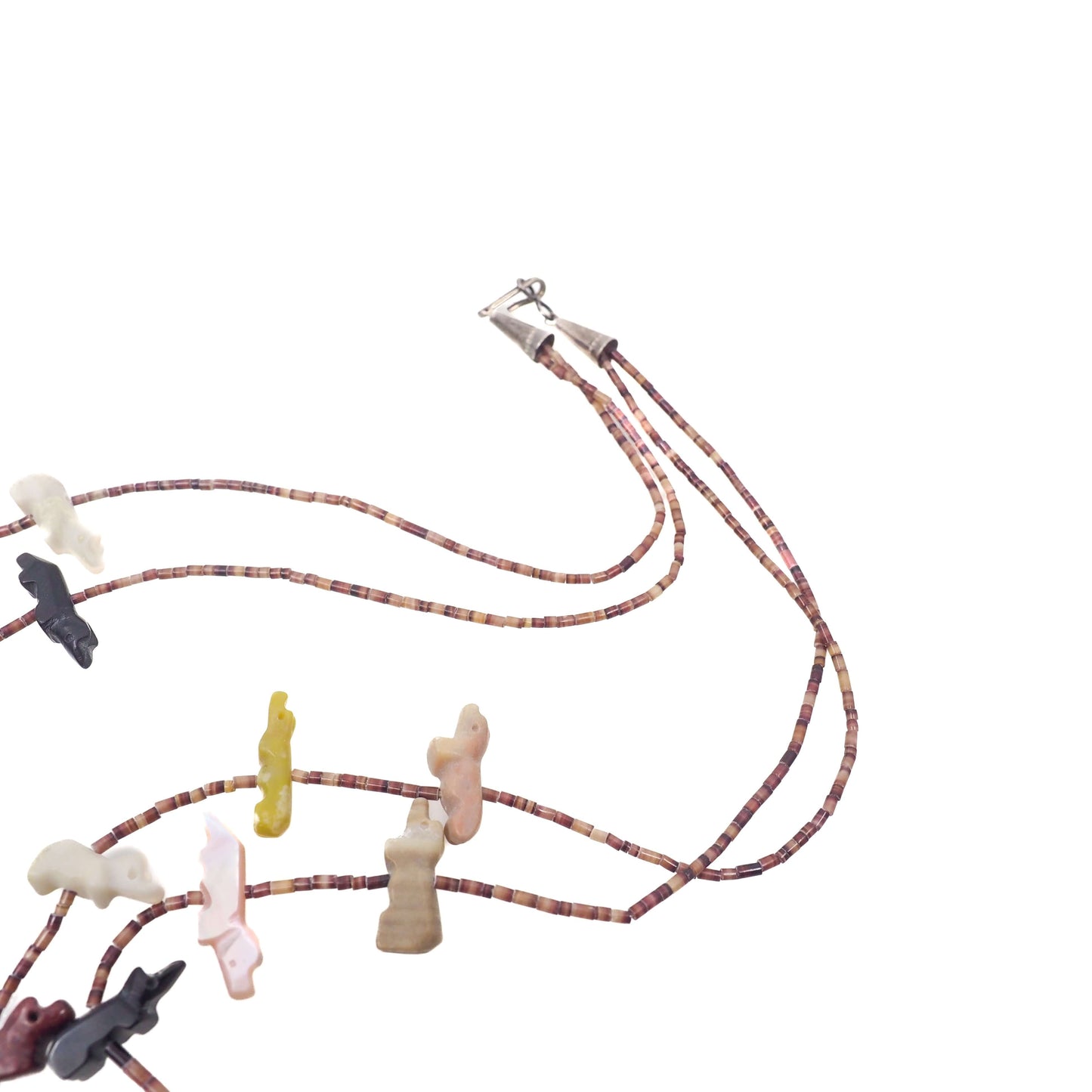 Vintage 1970s Zuni Native American Sterling Silver Multiple Gemstone Bird, Fox, Bear Fetish Double Strand 27" Necklace