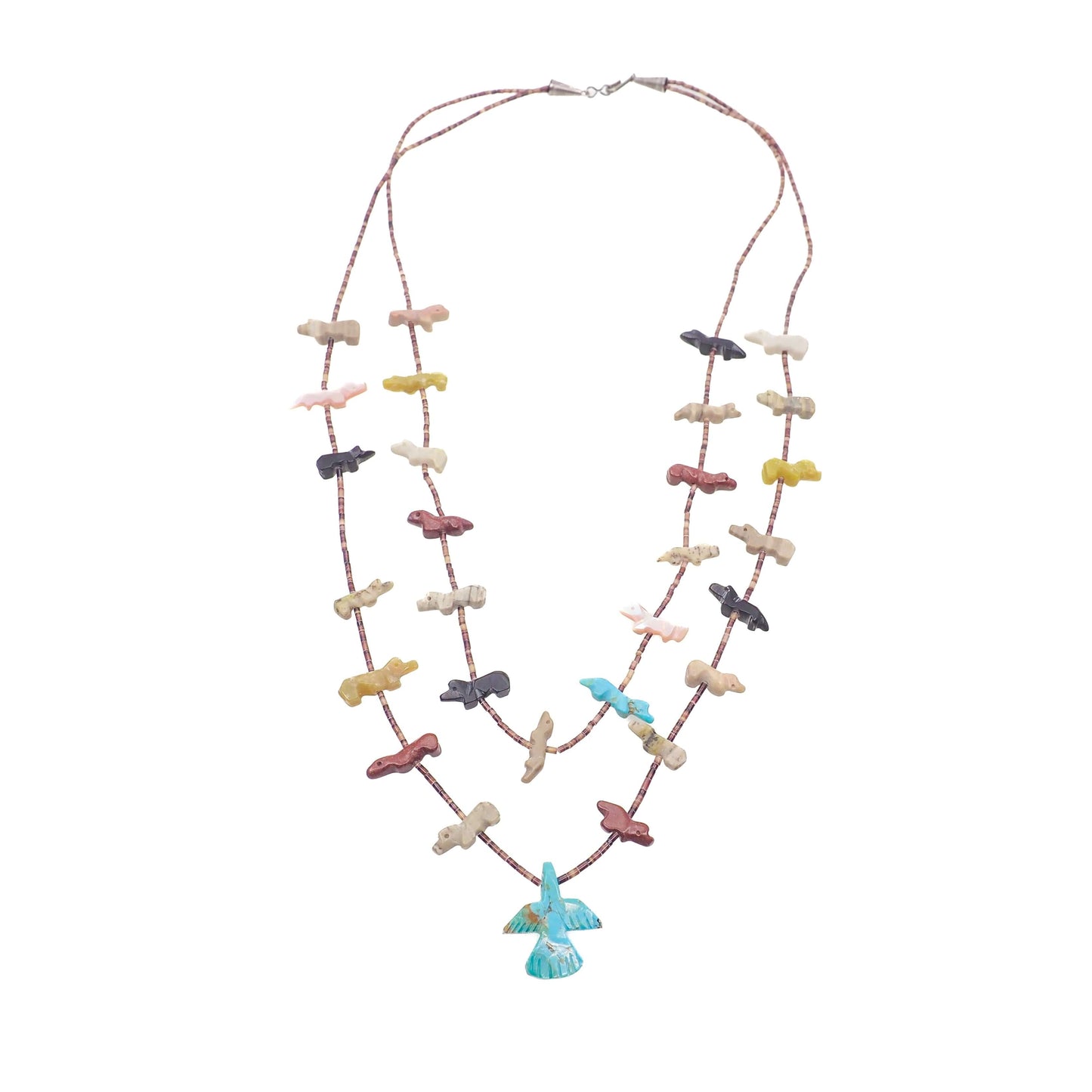 Vintage 1970s Zuni Native American Sterling Silver Multiple Gemstone Bird, Fox, Bear Fetish Double Strand 27" Necklace