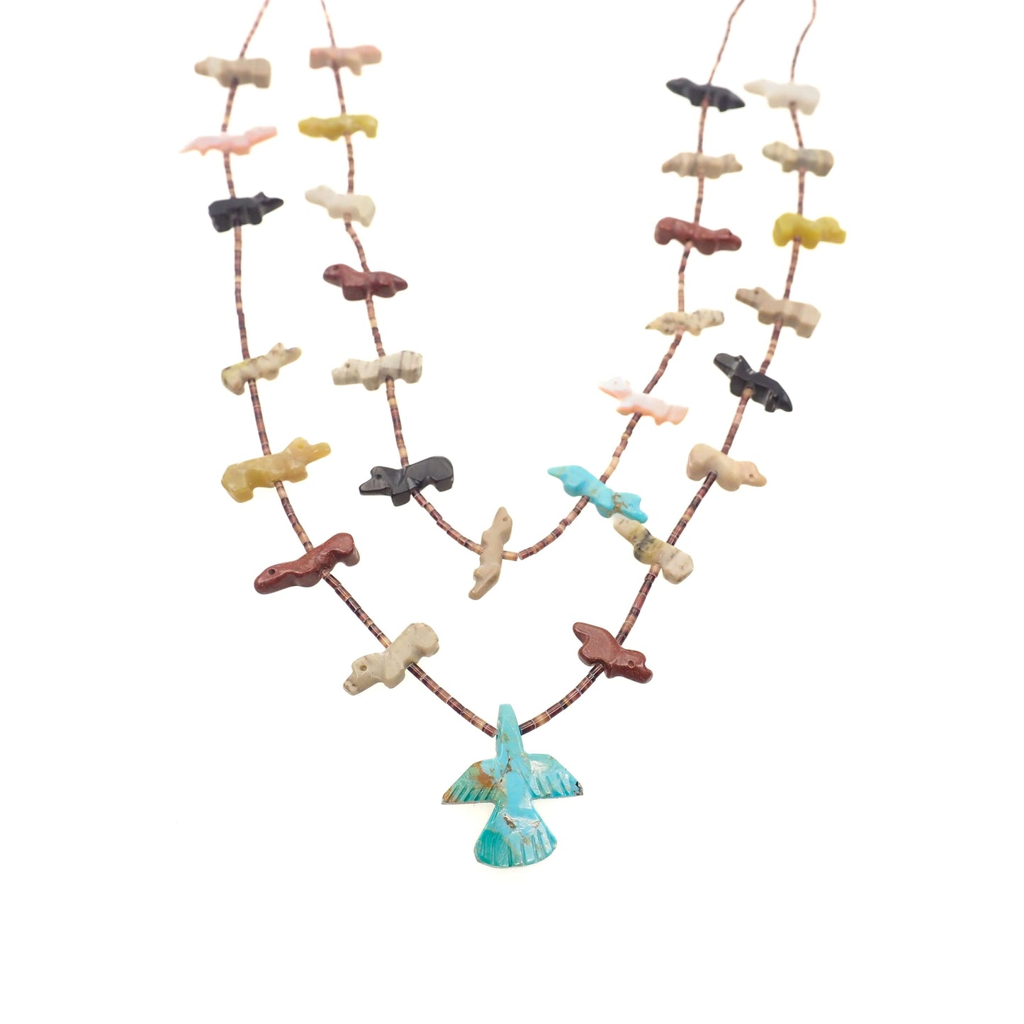 Vintage 1970s Zuni Native American Sterling Silver Multiple Gemstone Bird, Fox, Bear Fetish Double Strand 27" Necklace