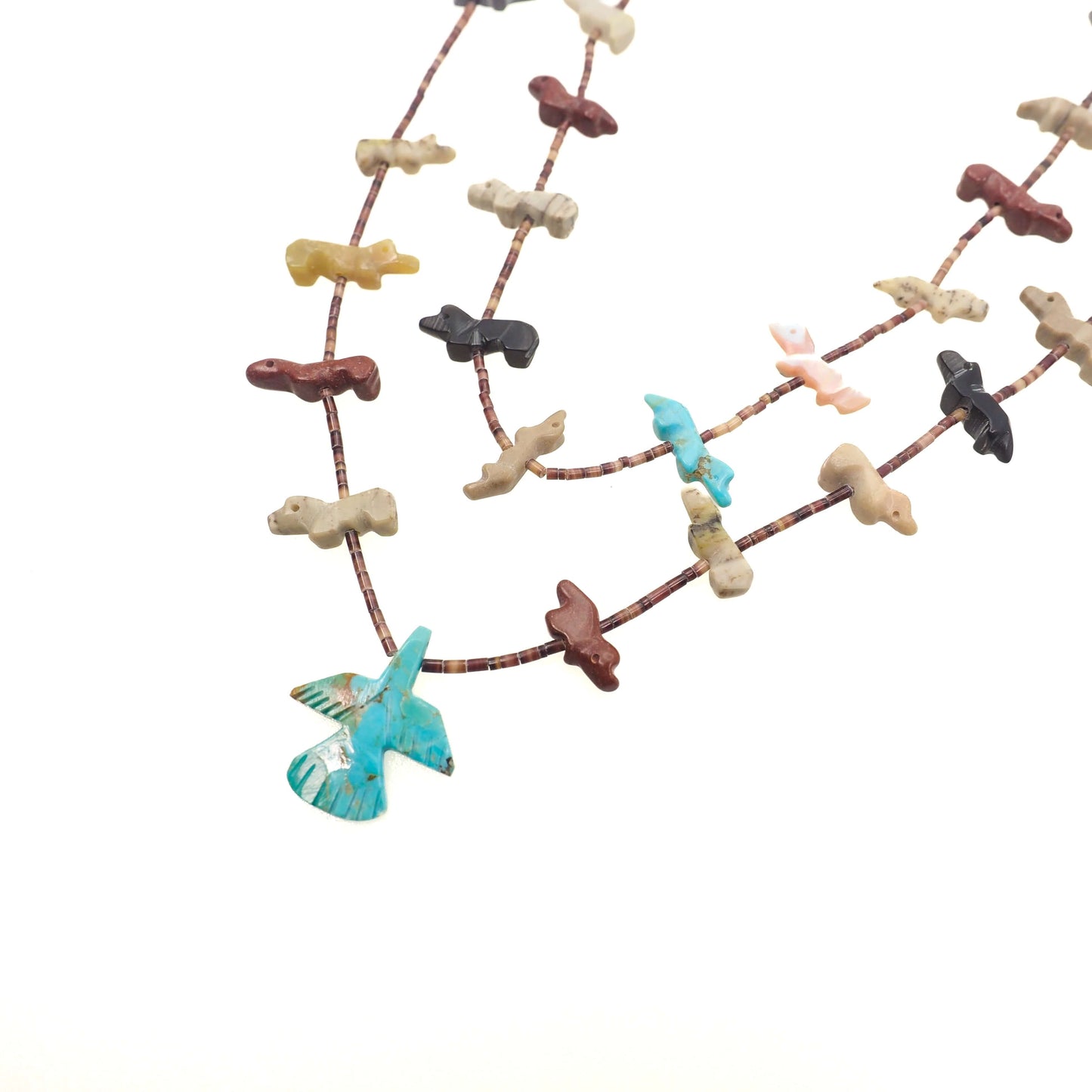 Vintage 1970s Zuni Native American Sterling Silver Multiple Gemstone Bird, Fox, Bear Fetish Double Strand 27" Necklace