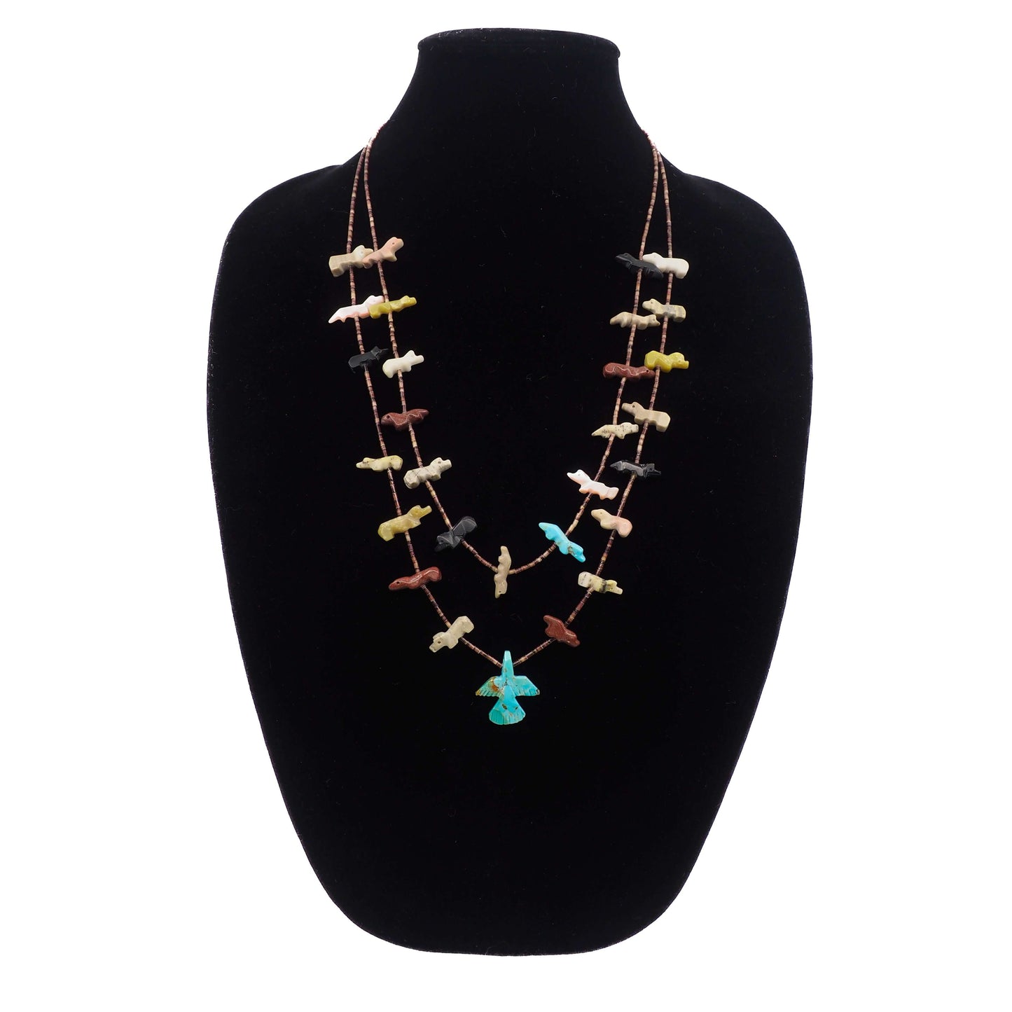 Vintage 1970s Zuni Native American Sterling Silver Multiple Gemstone Bird, Fox, Bear Fetish Double Strand 27" Necklace