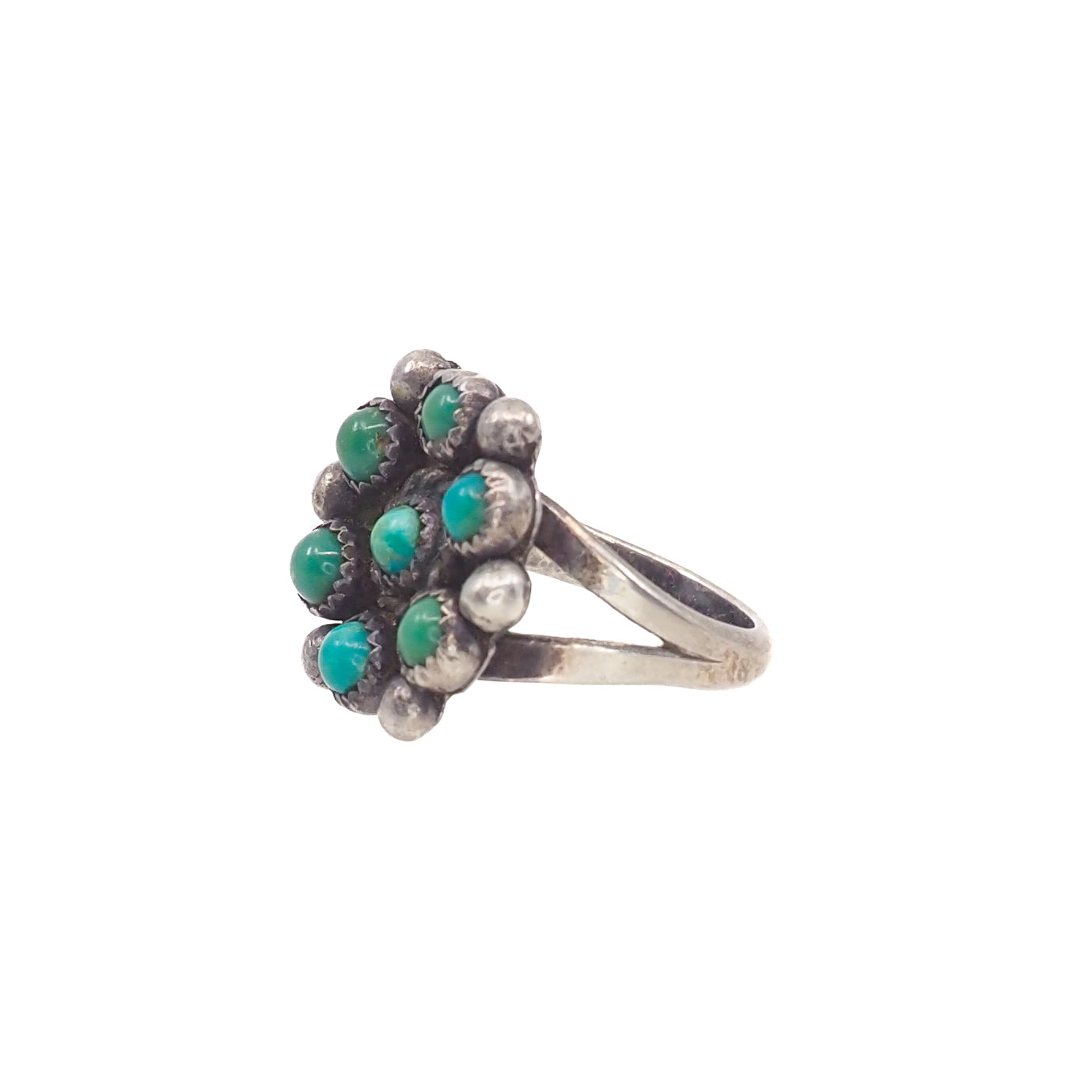 Vintage 1970s Turquoise and Sterling Silver Native American Zuni Snake Eye Cluster Flower Ring Size 7.75