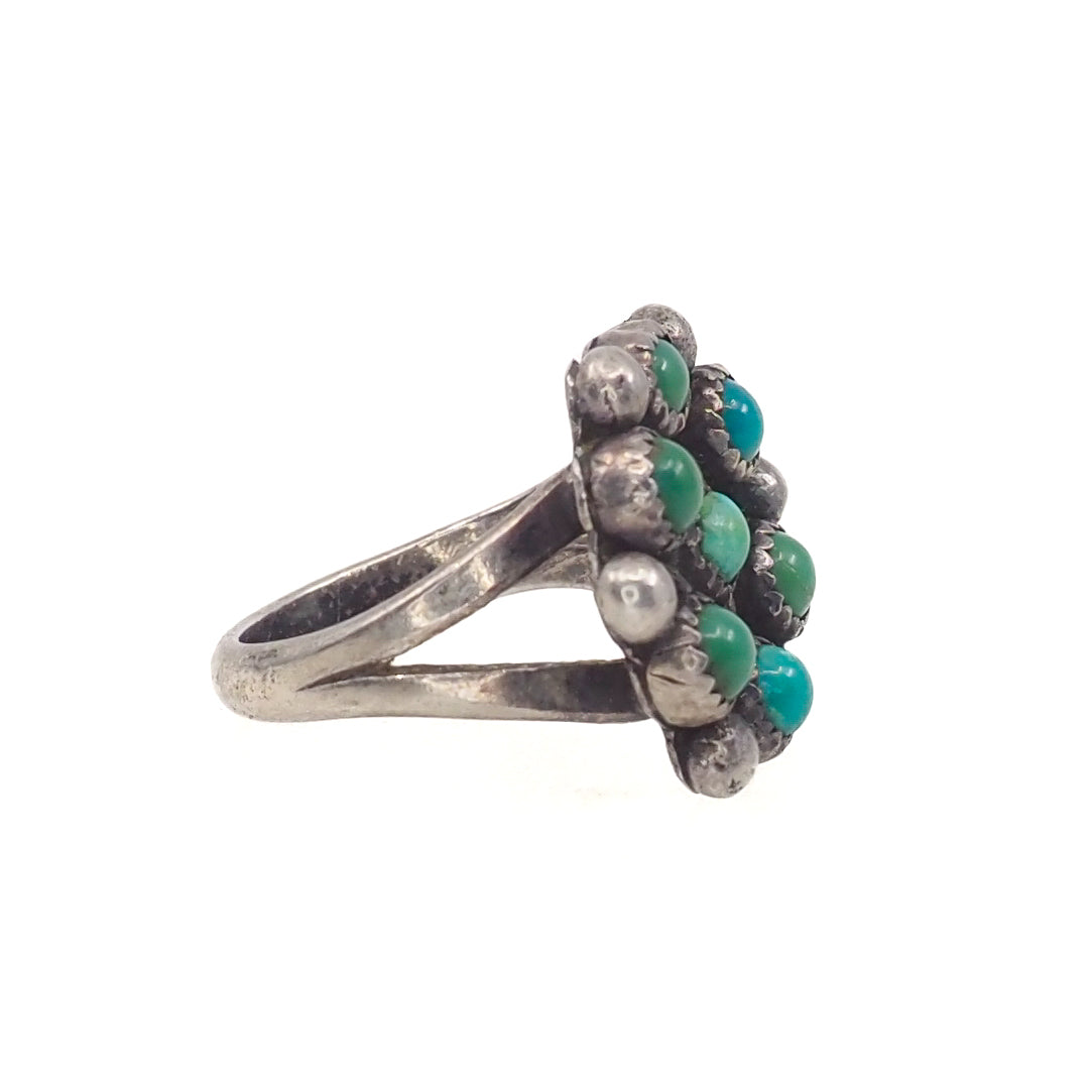Vintage 1970s Turquoise and Sterling Silver Native American Zuni Snake Eye Cluster Flower Ring Size 7.75