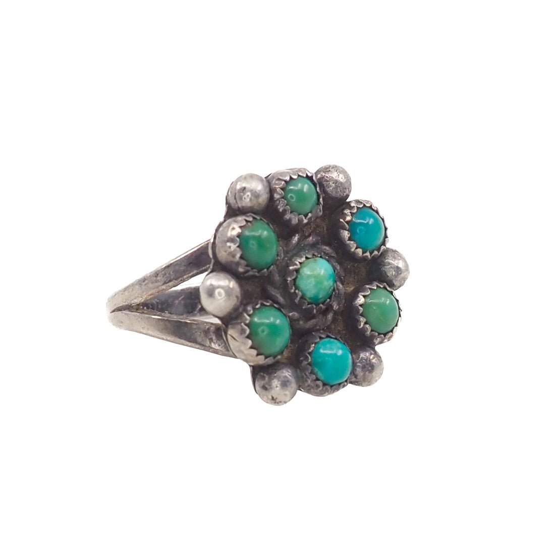 Vintage 1970s Turquoise and Sterling Silver Native American Zuni Snake Eye Cluster Flower Ring Size 7.75