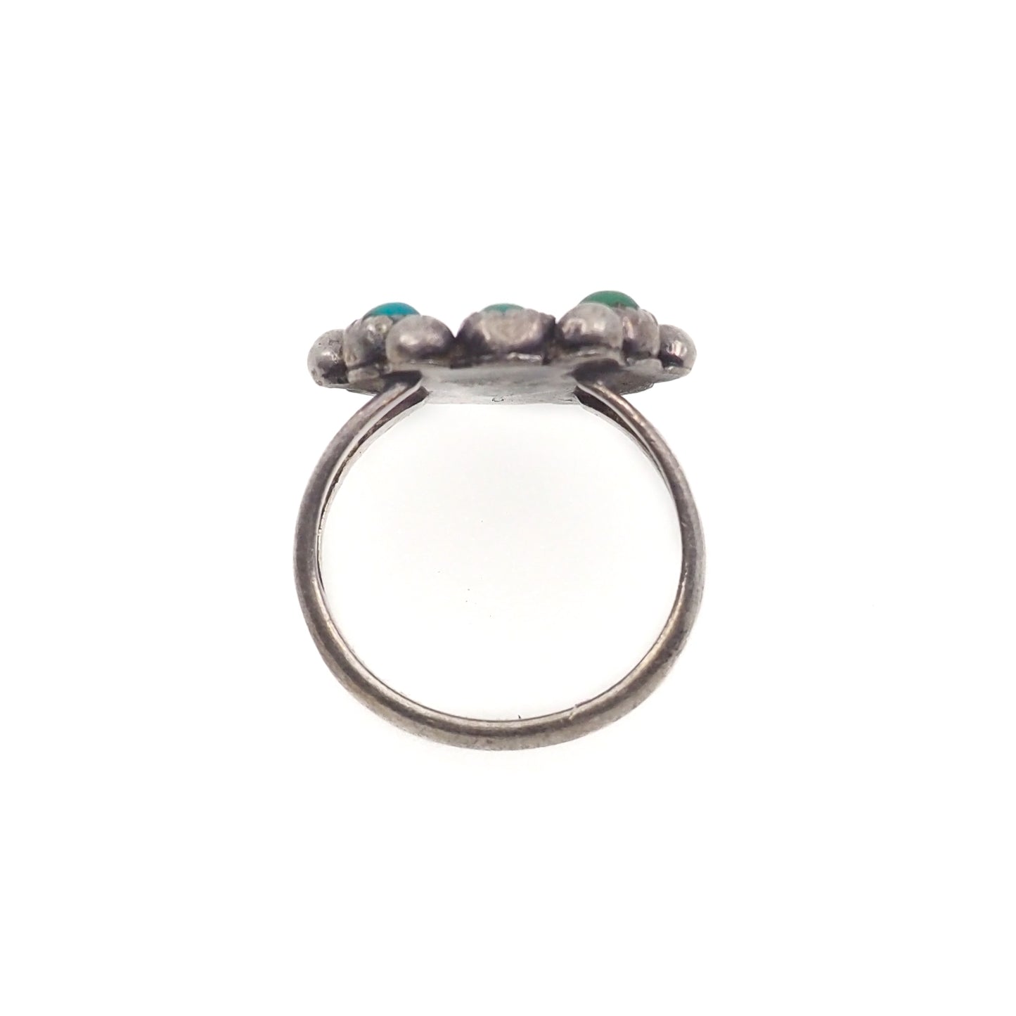 Vintage 1970s Turquoise and Sterling Silver Native American Zuni Snake Eye Cluster Flower Ring Size 7.75