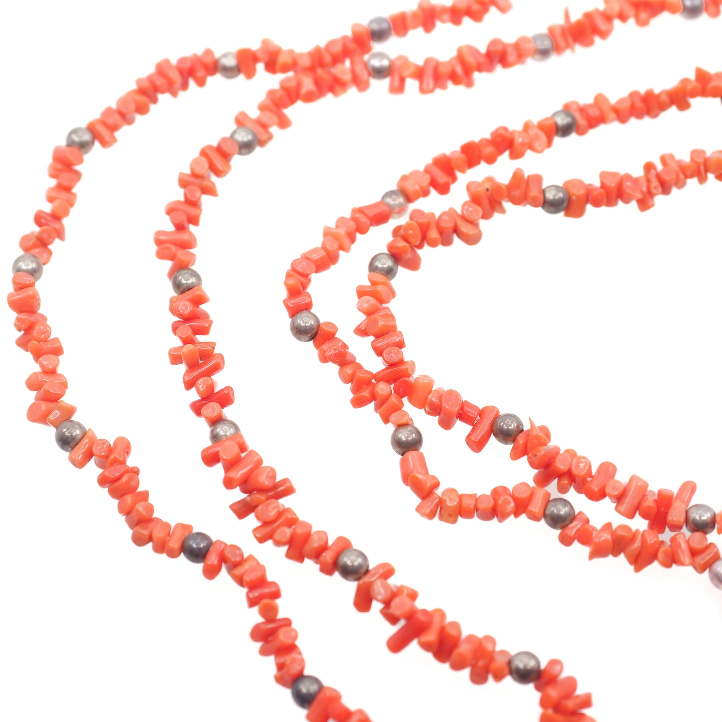Vintage 1970s Southwestern Branch Coral and Sterling Silver Double Strand Statement 25" Necklace