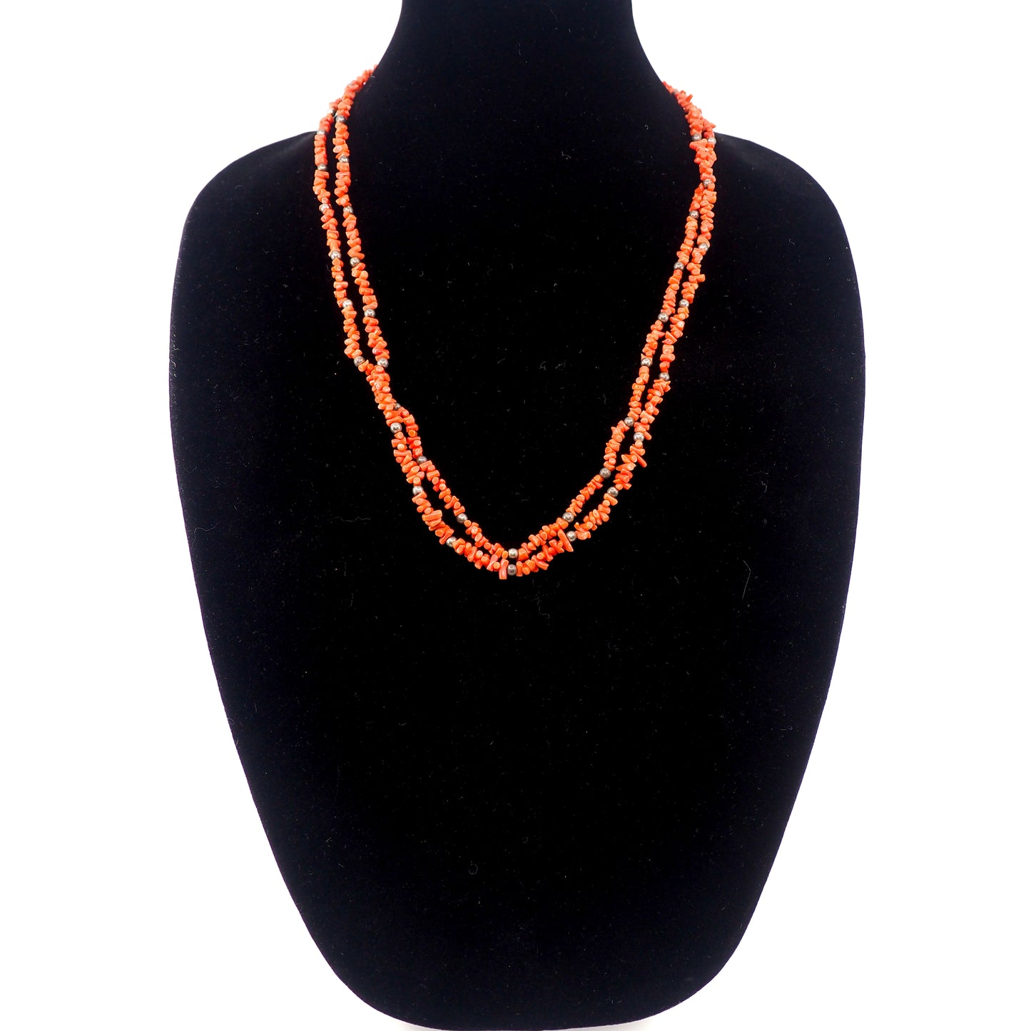 Vintage 1970s Southwestern Branch Coral and Sterling Silver Double Strand Statement 25" Necklace