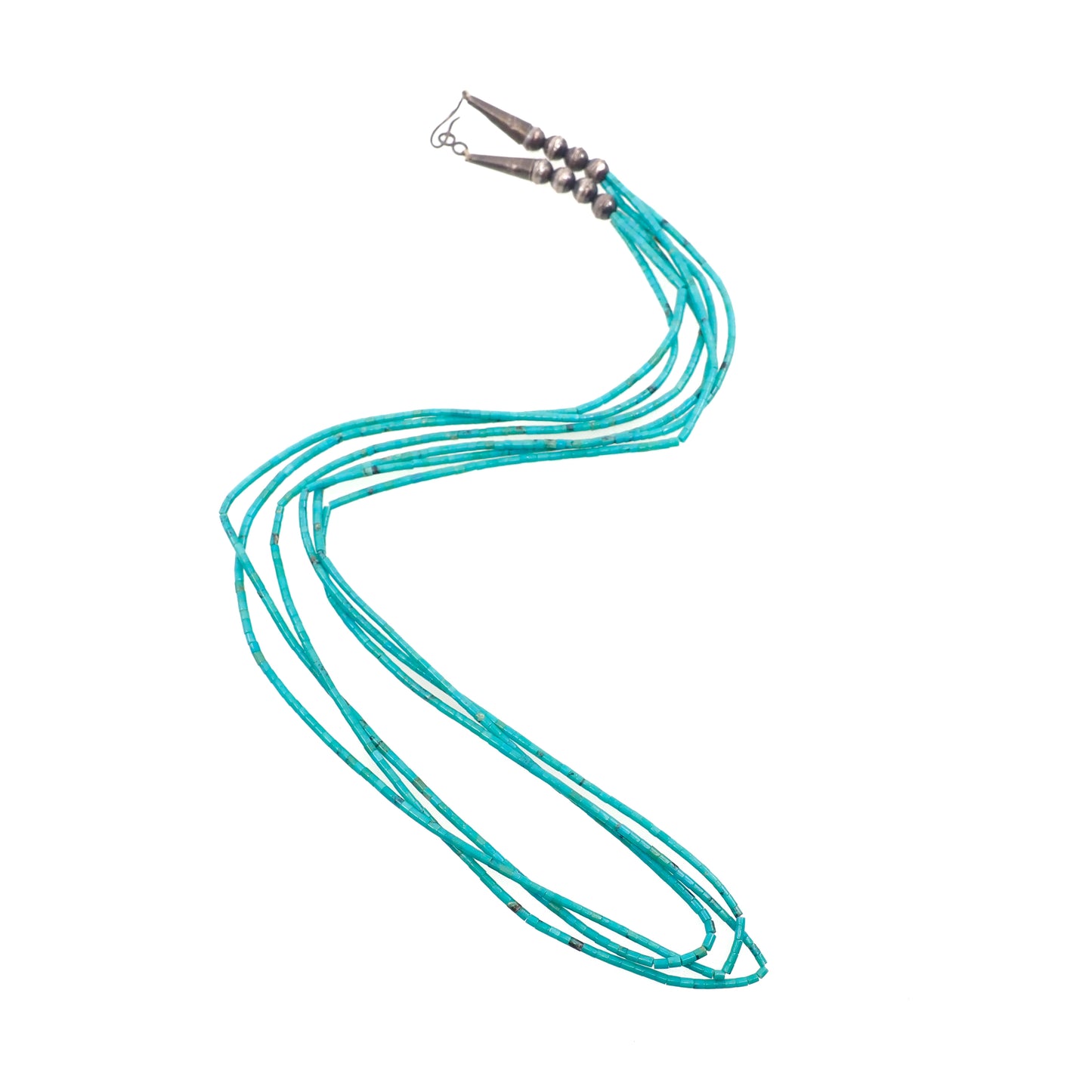 Vintage 1960s Handmade Native American Navajo Turquoise Blue Bead and Sterling Silver Multi Strand 25" Necklace
