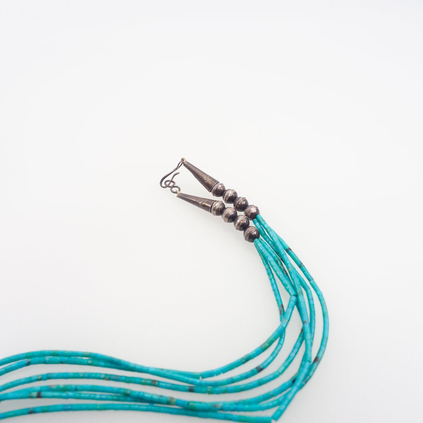 Vintage 1960s Handmade Native American Navajo Turquoise Blue Bead and Sterling Silver Multi Strand 25" Necklace