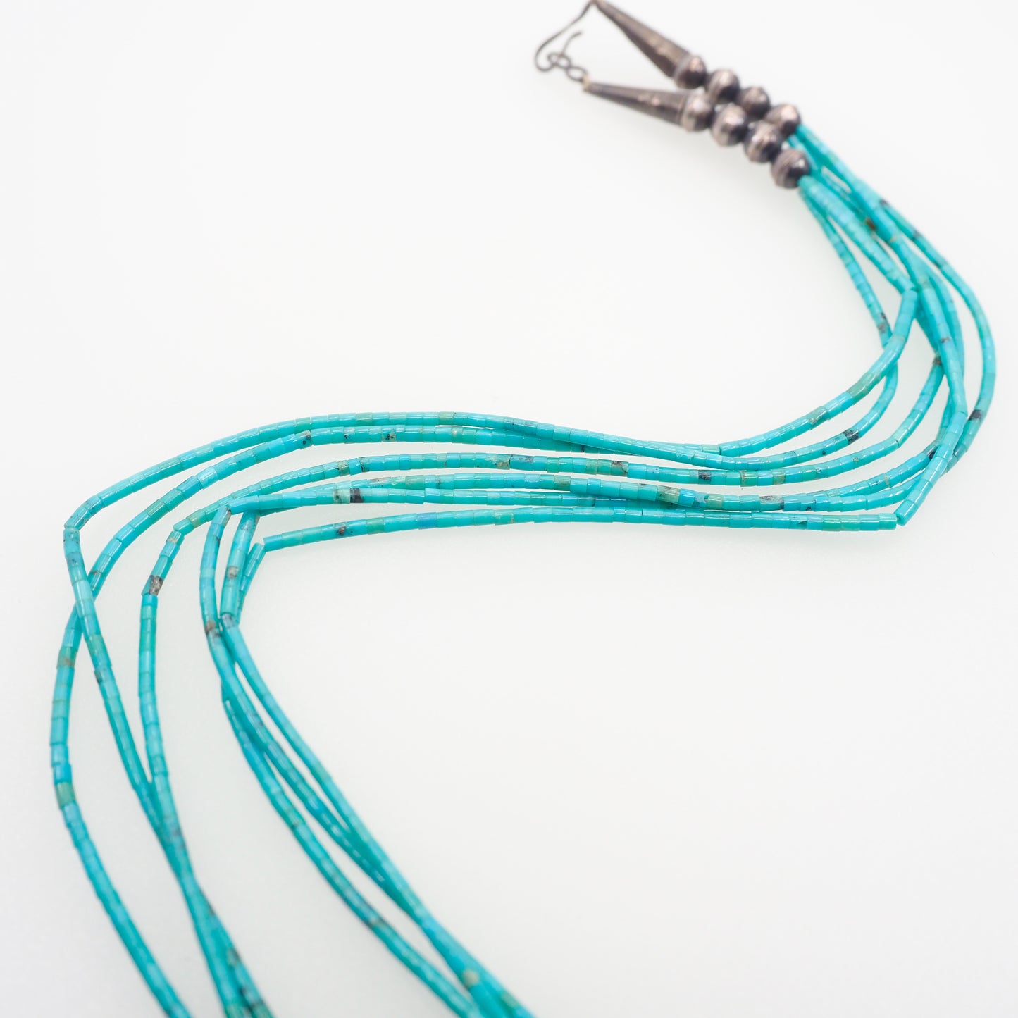Vintage 1960s Handmade Native American Navajo Turquoise Blue Bead and Sterling Silver Multi Strand 25" Necklace