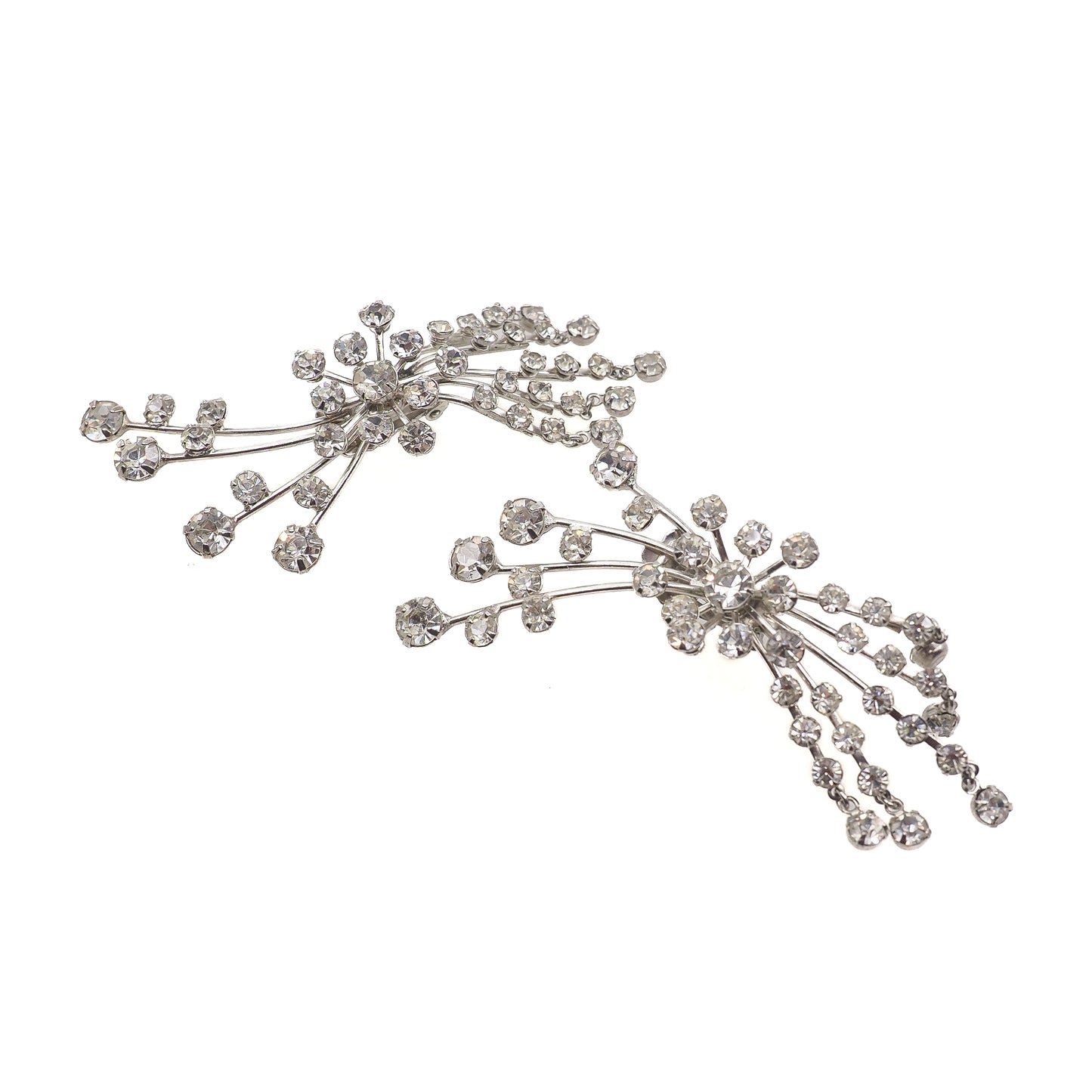 Vintage 1950s Clear Rhinestone and Silver Tone Statement Starburst Clip On Earrings
