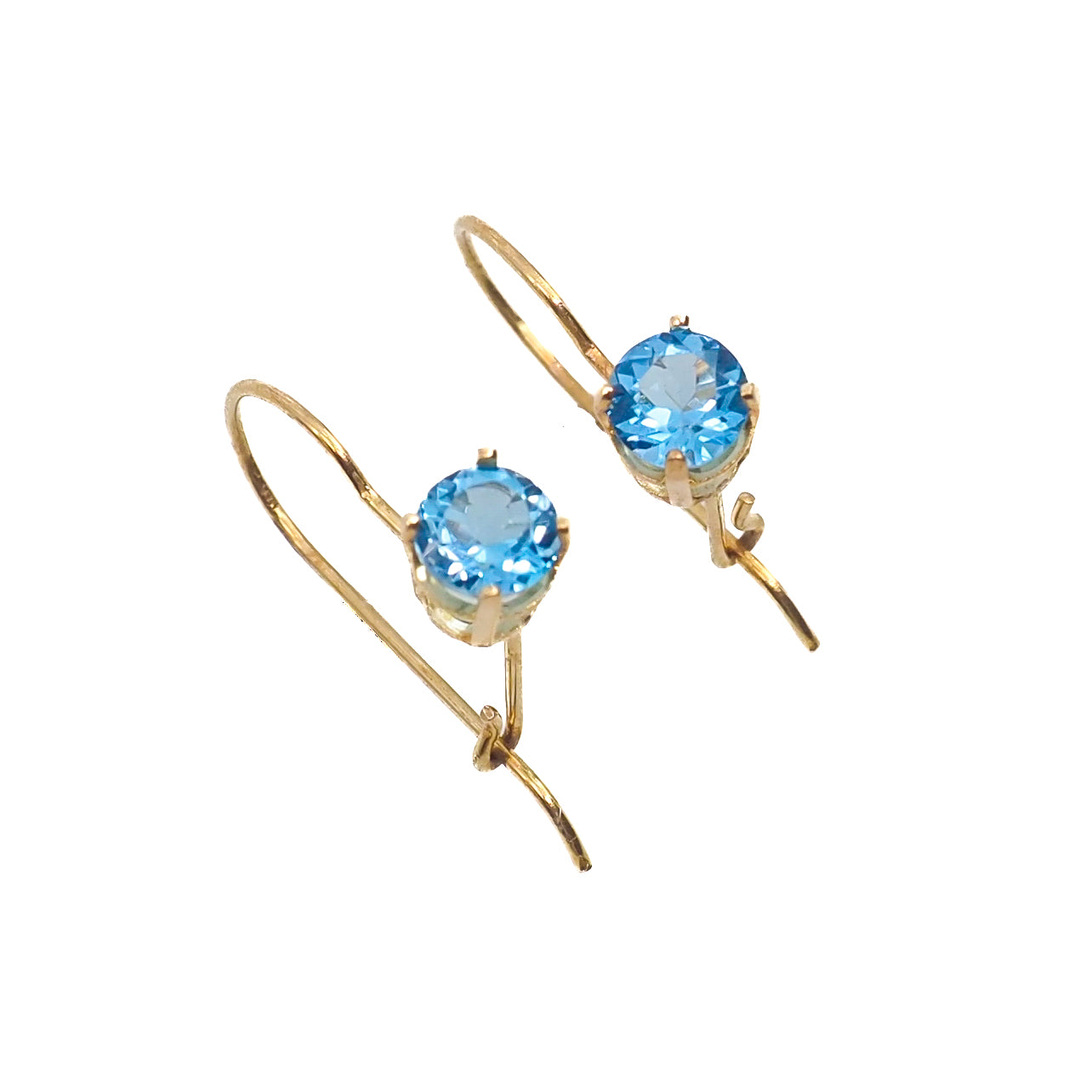 Antique 1910s Edwardian Blue Zircon and 14K Yellow Gold Kidney Wire Pierced Drop Earrings