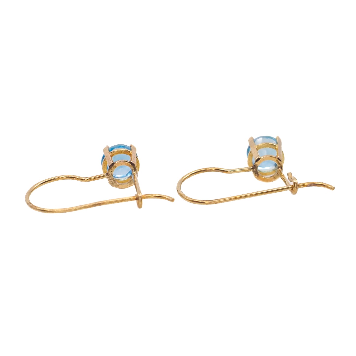 Antique 1910s Edwardian Blue Zircon and 14K Yellow Gold Kidney Wire Pierced Drop Earrings
