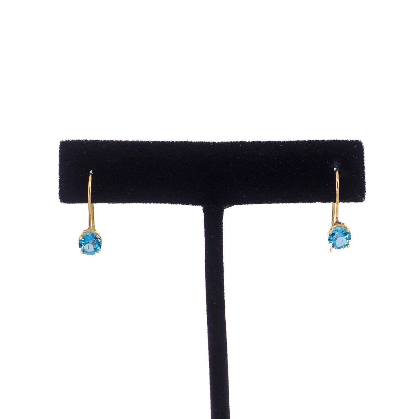 Antique 1910s Edwardian Blue Zircon and 14K Yellow Gold Kidney Wire Pierced Drop Earrings
