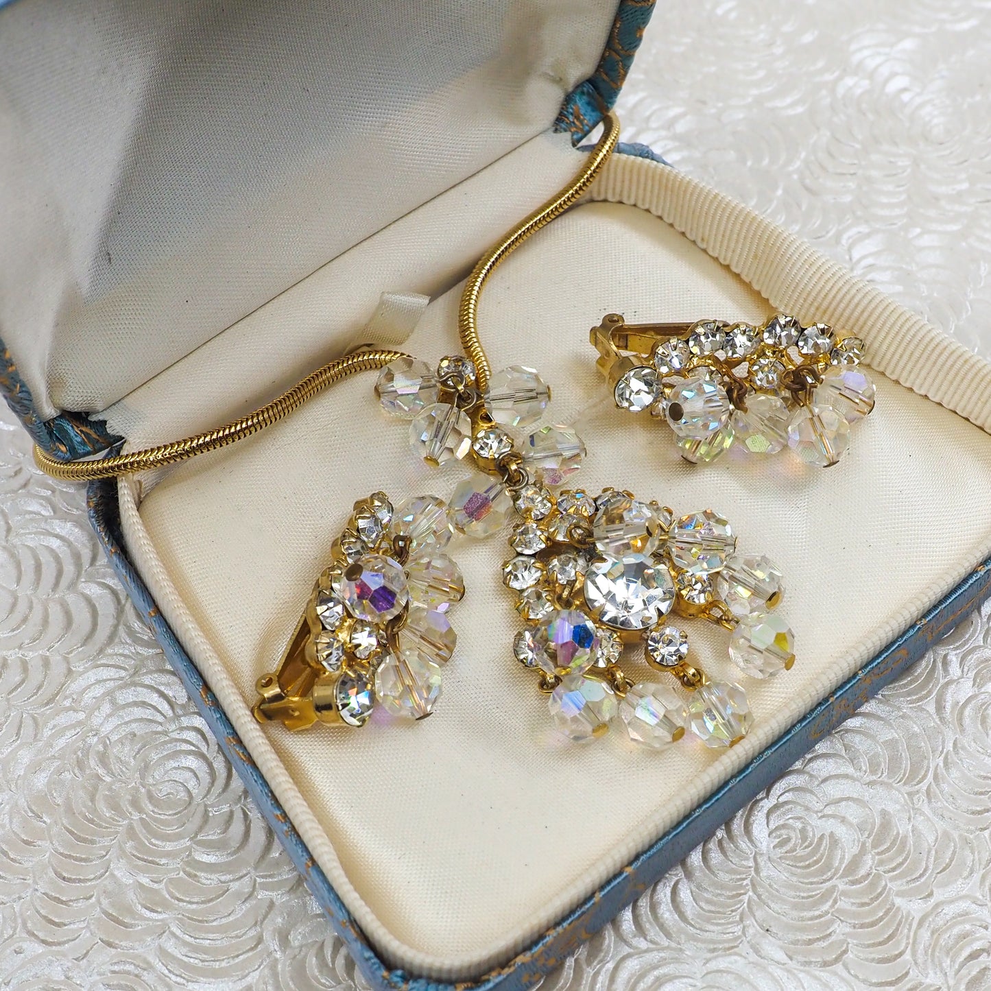Vintage 1960s Aurora Borealis Rainbow Glass Bead Necklace and Clip-on Earring Jewelry Set