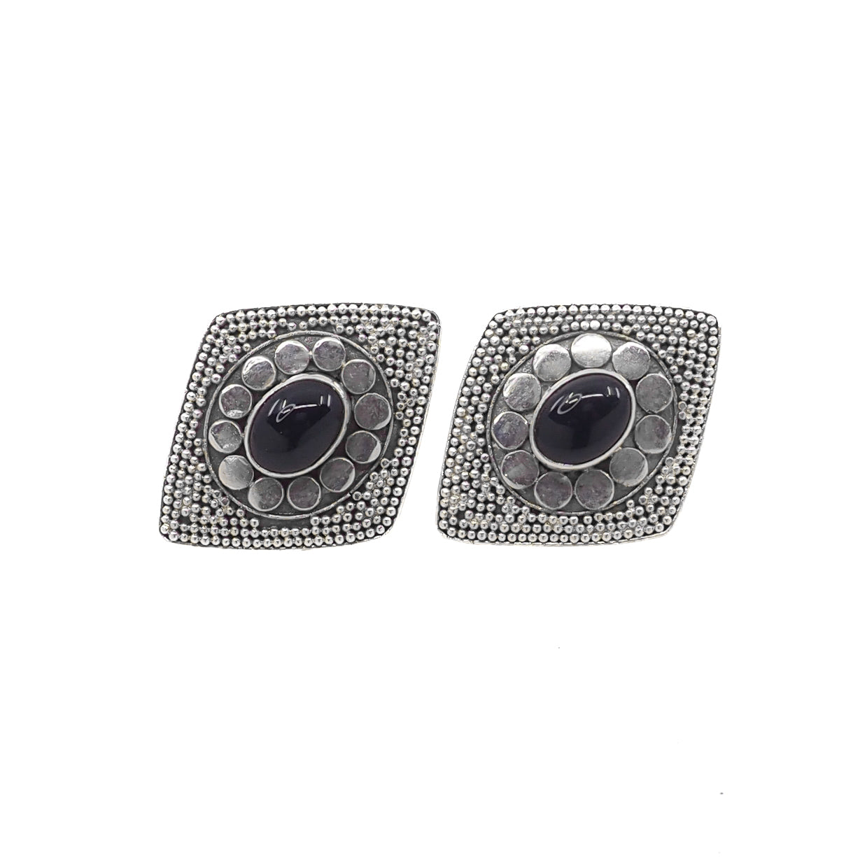 Vintage 1980s Black Onyx Cabochon and Sterling Diamond-Shaped Stud Earrings