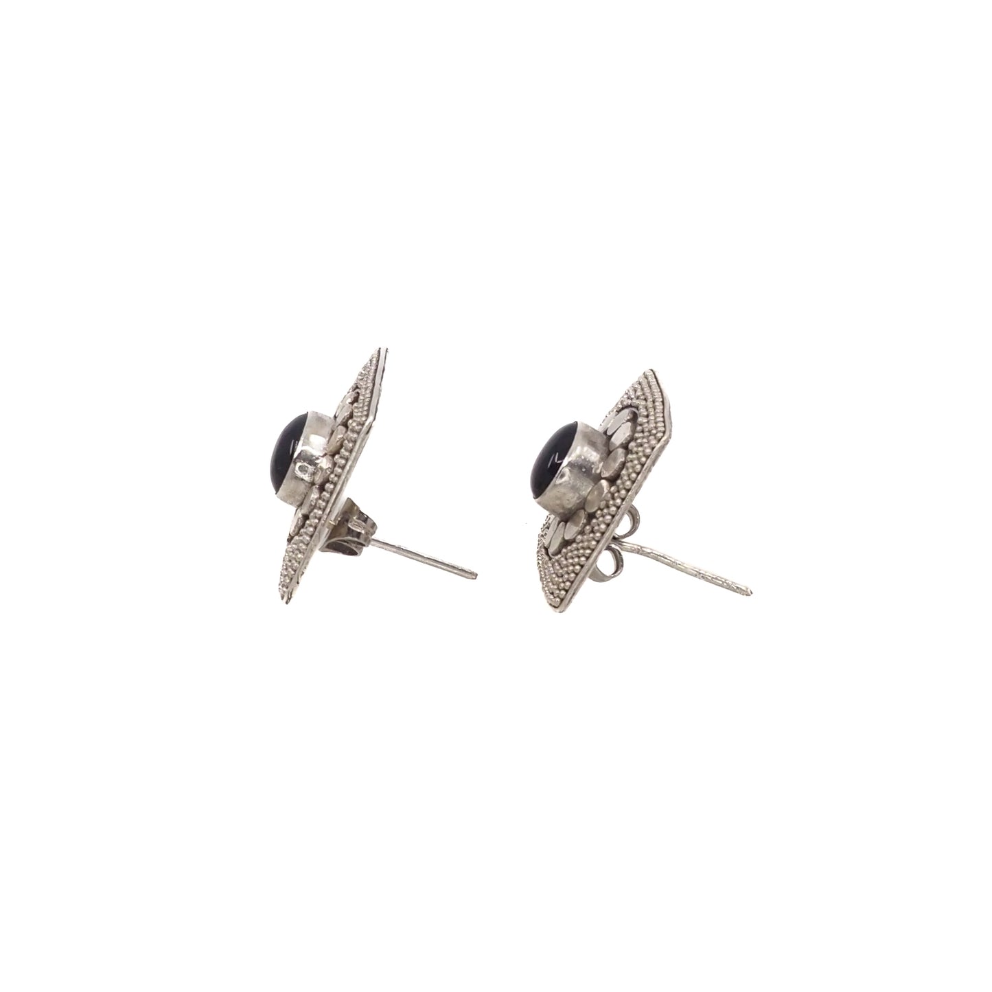 Vintage 1980s Black Onyx Cabochon and Sterling Diamond-Shaped Stud Earrings