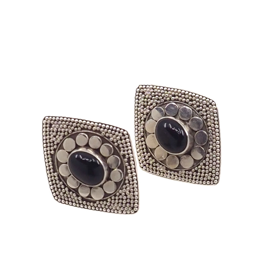 Vintage 1980s Black Onyx Cabochon and Sterling Diamond-Shaped Stud Earrings