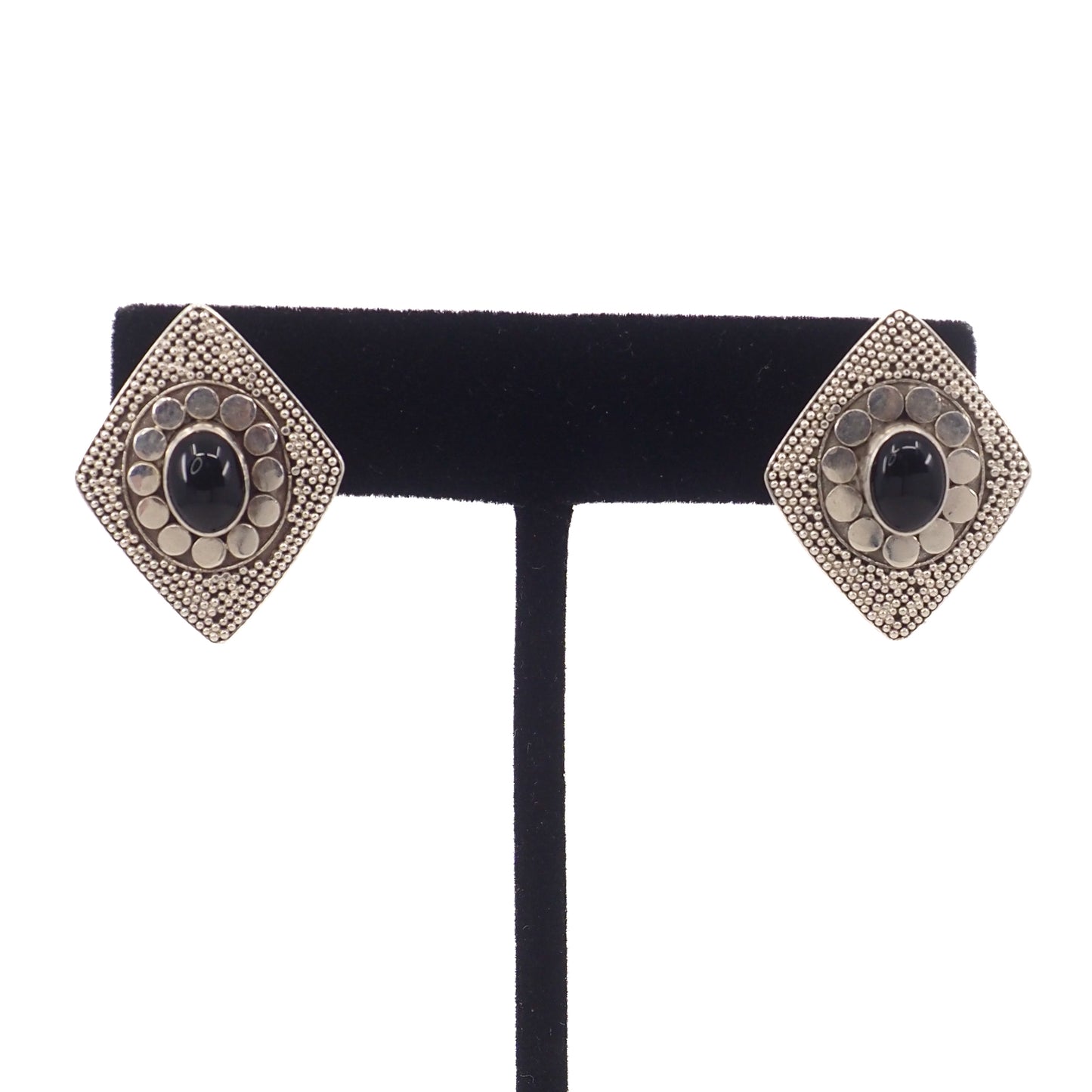 Vintage 1980s Black Onyx Cabochon and Sterling Diamond-Shaped Stud Earrings