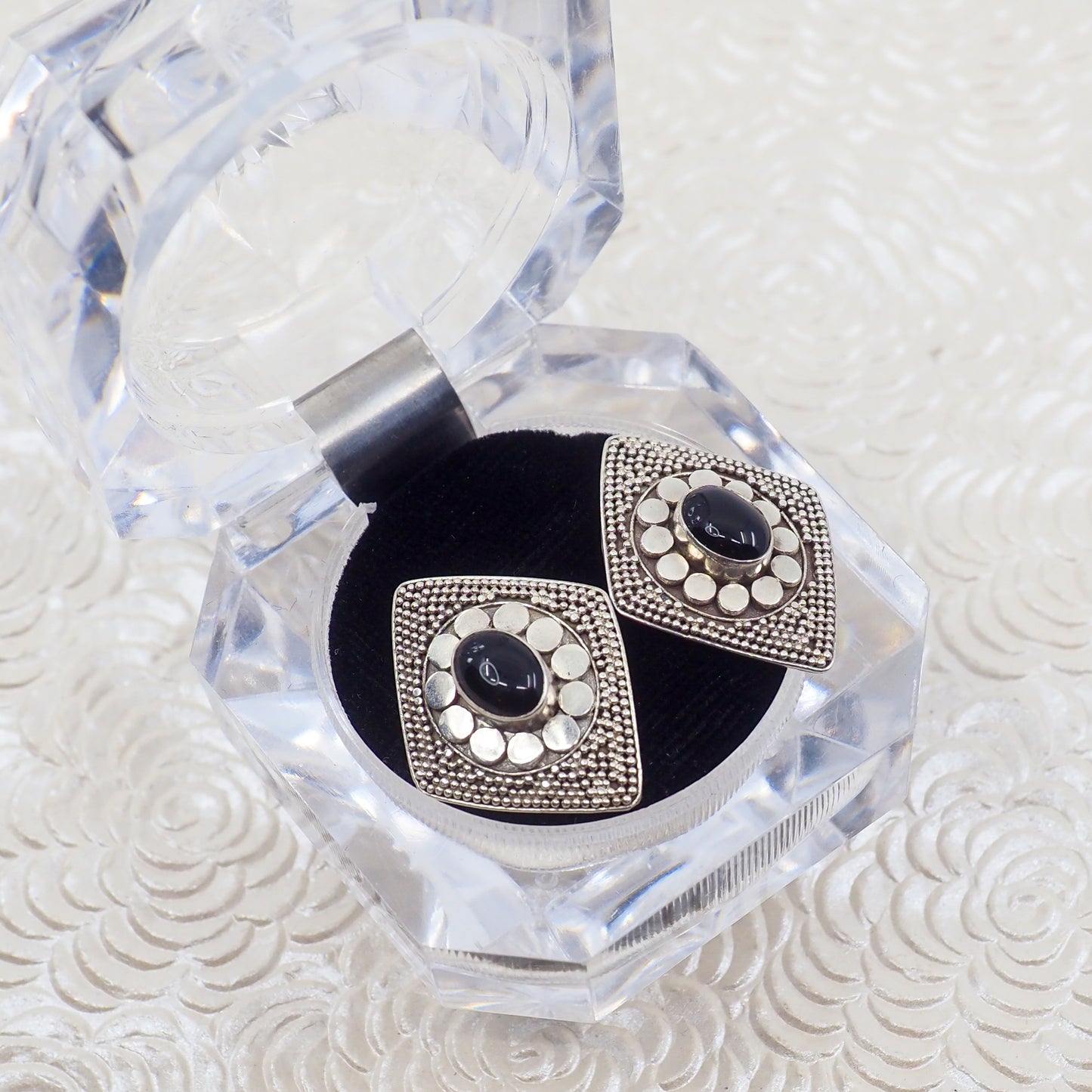 Vintage 1980s Black Onyx Cabochon and Sterling Diamond-Shaped Stud Earrings