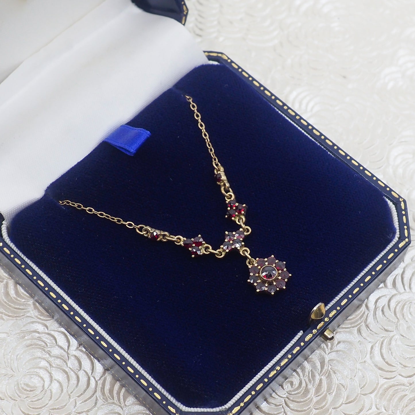 Vintage 1970s Red Rose Cut Garnet and Gold Washed Silver Choker 16.5" Necklace