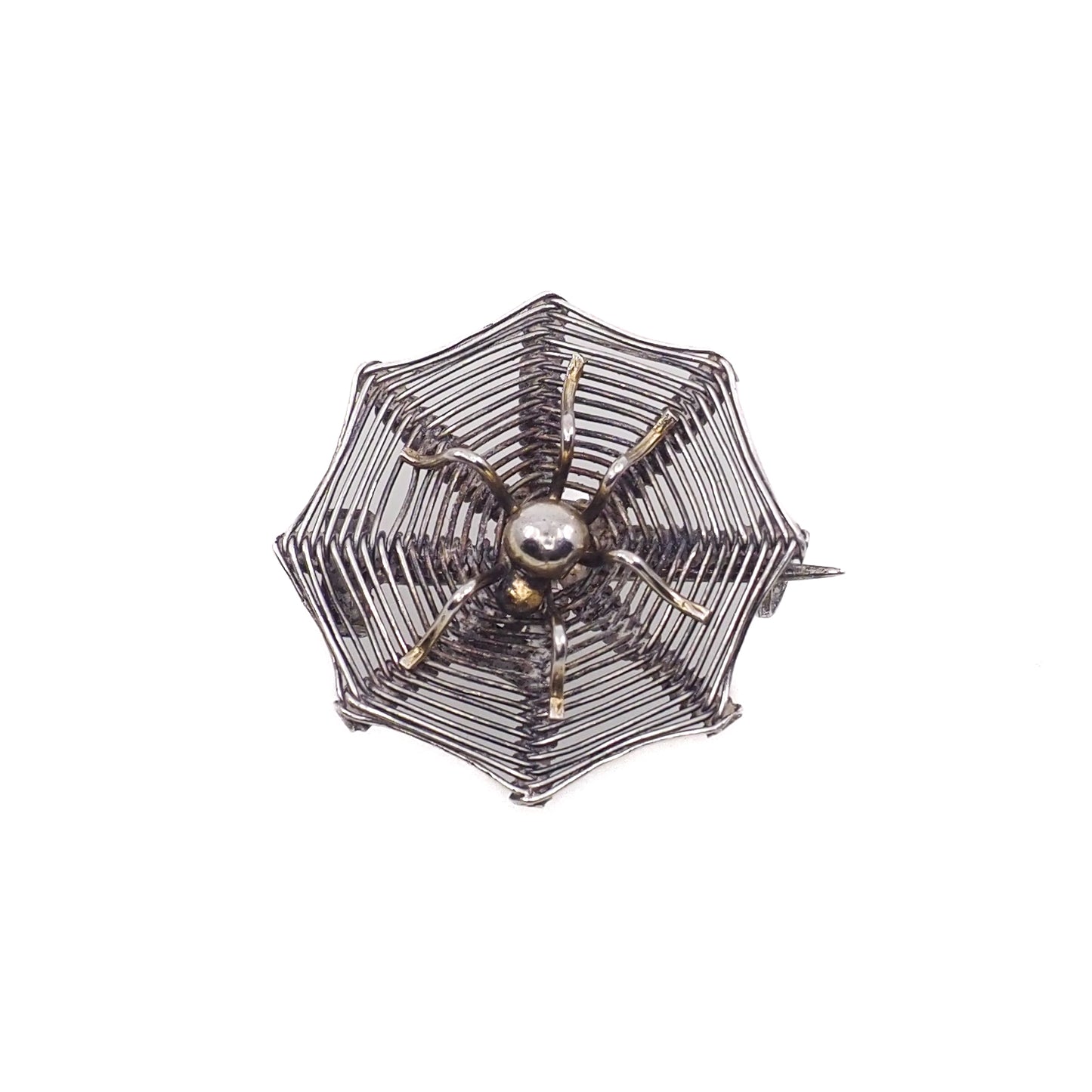 Antique 1900s Late Victorian 800 Silver Spider in Web Halloween Brooch