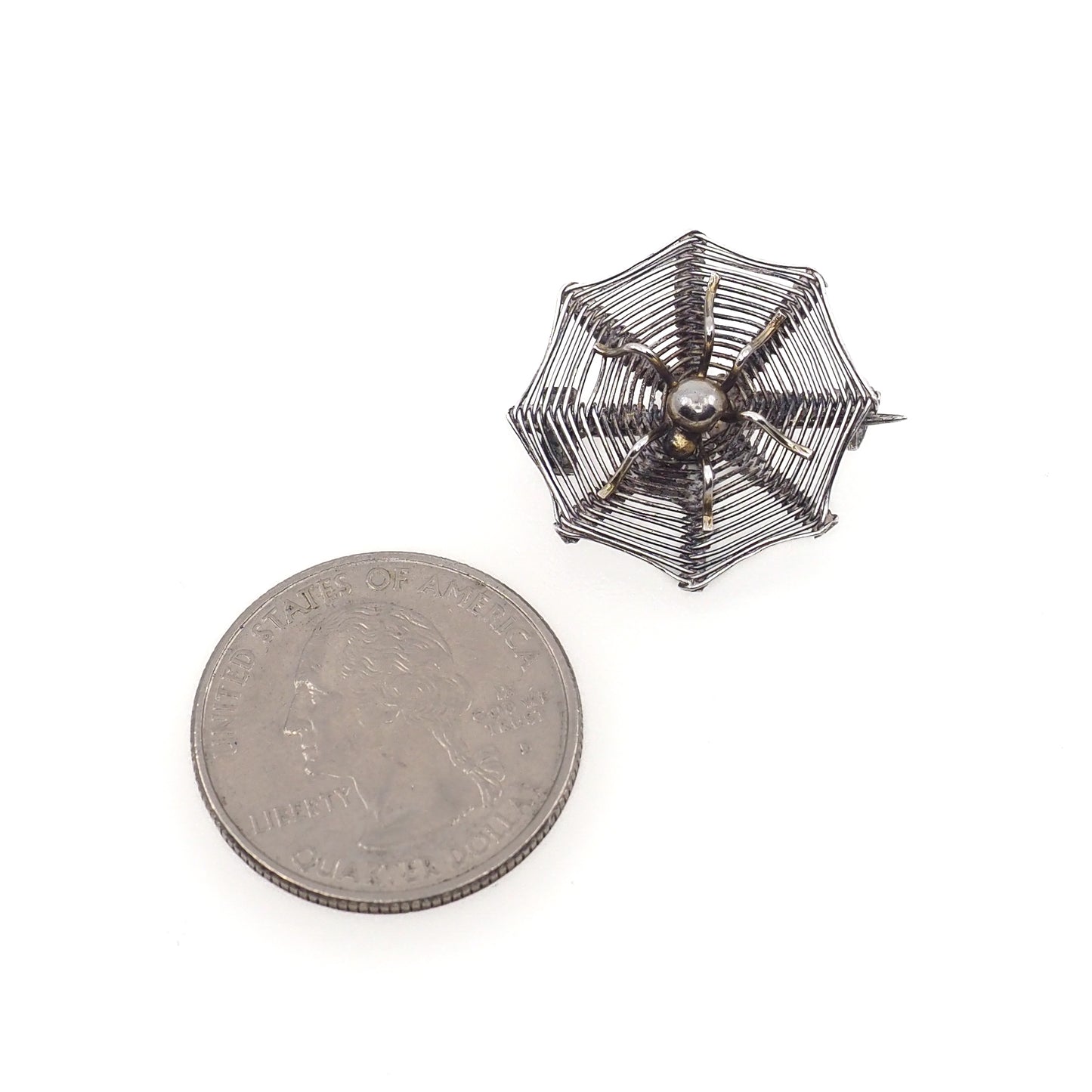 Antique 1900s Late Victorian 800 Silver Spider in Web Halloween Brooch
