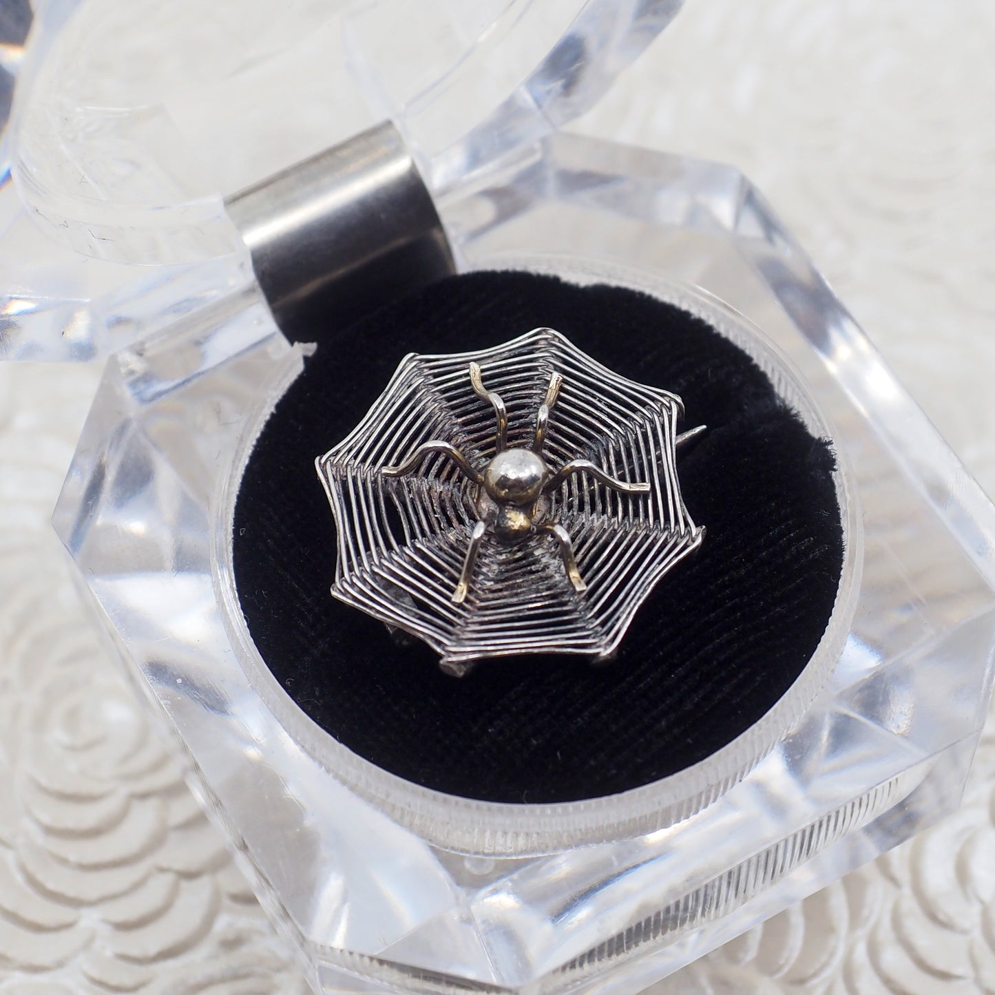 Antique 1900s Late Victorian 800 Silver Spider in Web Halloween Brooch