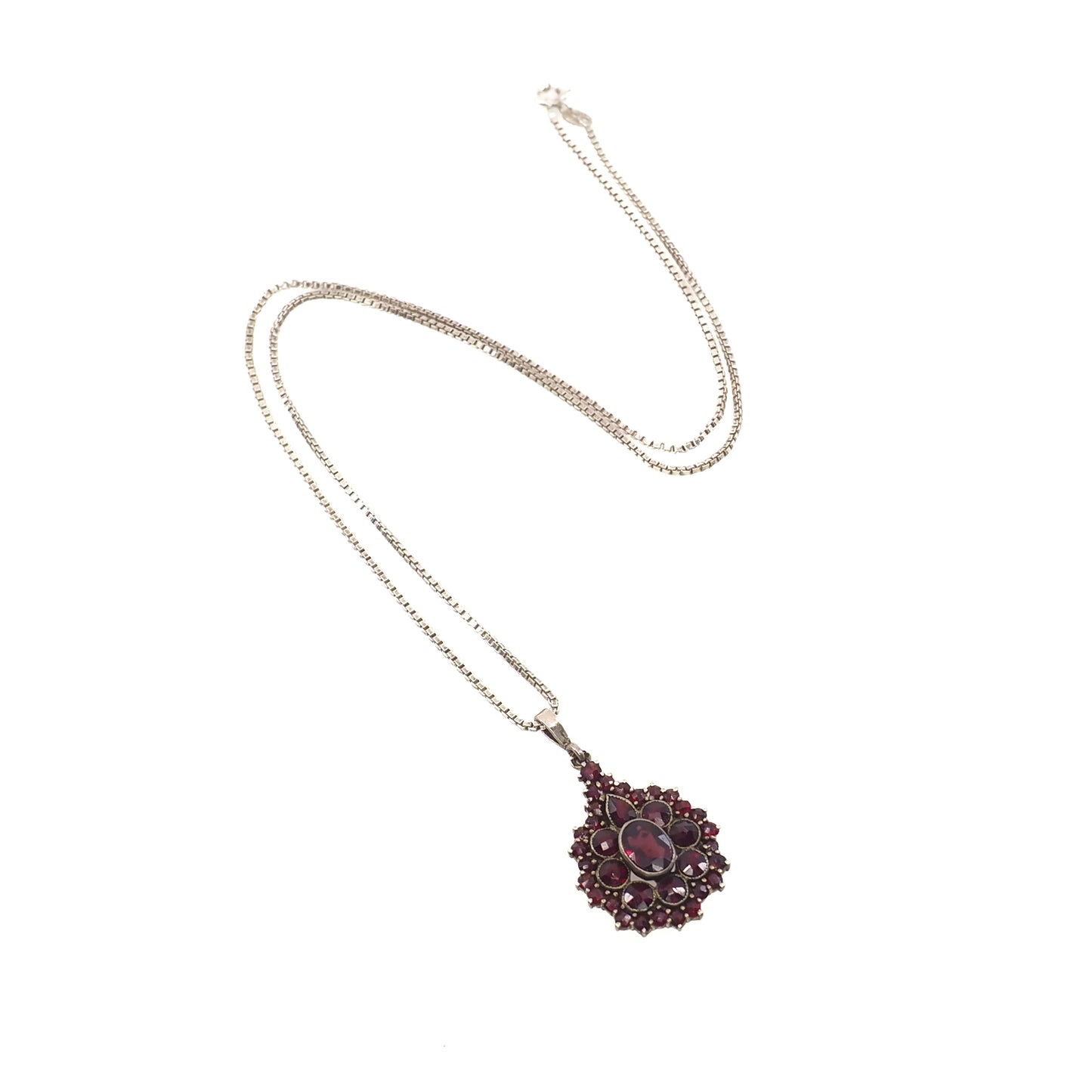 Vintage 1960s Swedish Rose Cut Red Garnet and 800 Silver Pendant Cluster 20" Necklace