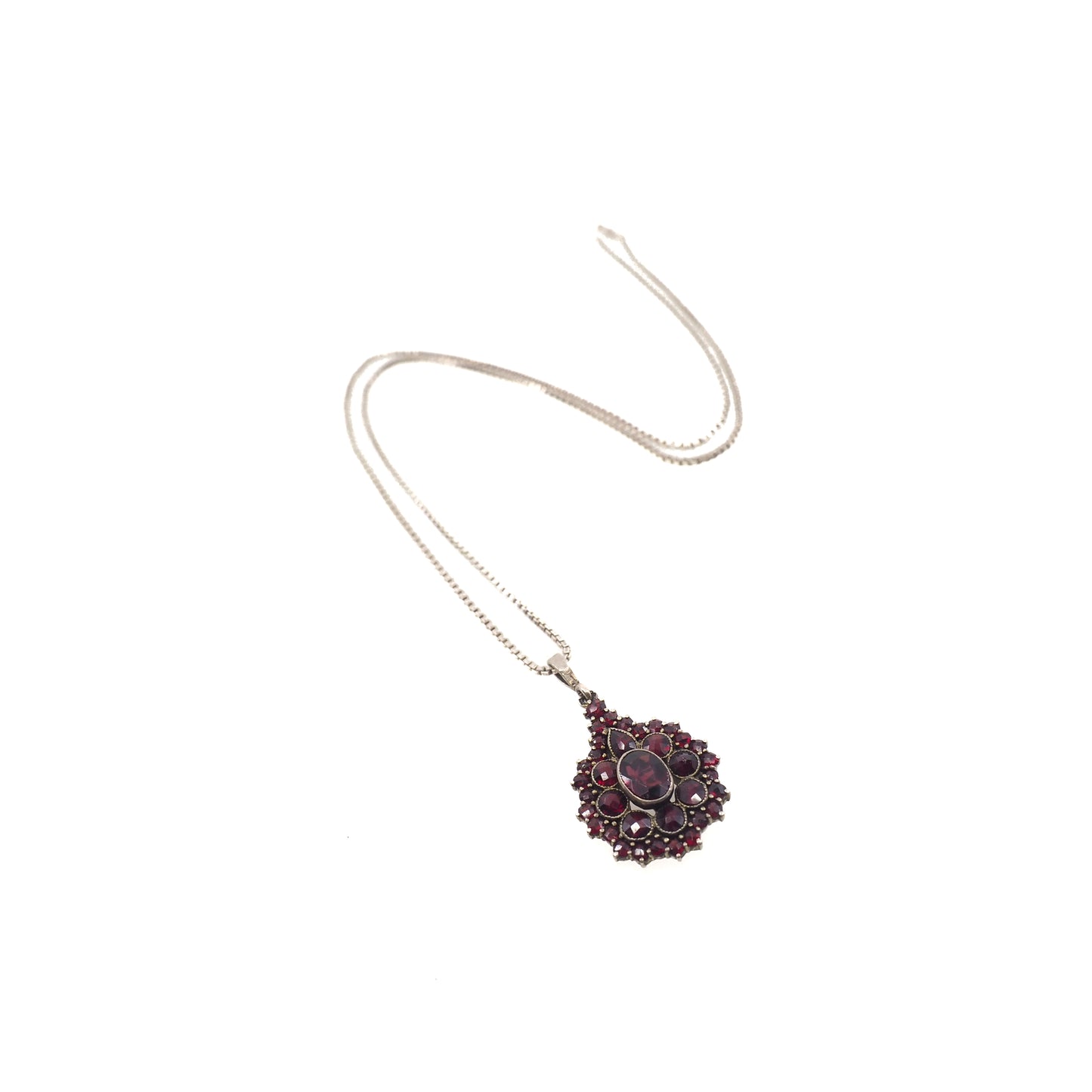 Vintage 1960s Swedish Rose Cut Red Garnet and 800 Silver Pendant Cluster 20" Necklace